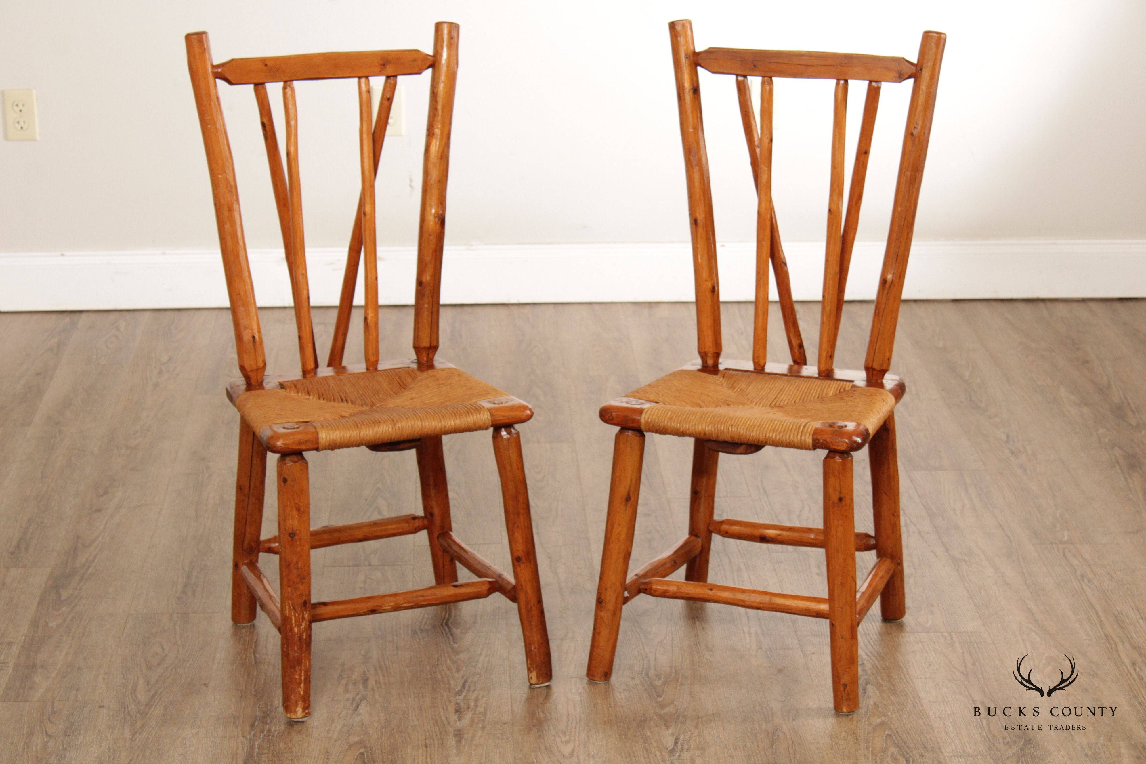 Vintage Rustic Pine Wood and Rush Seat Side Chairs