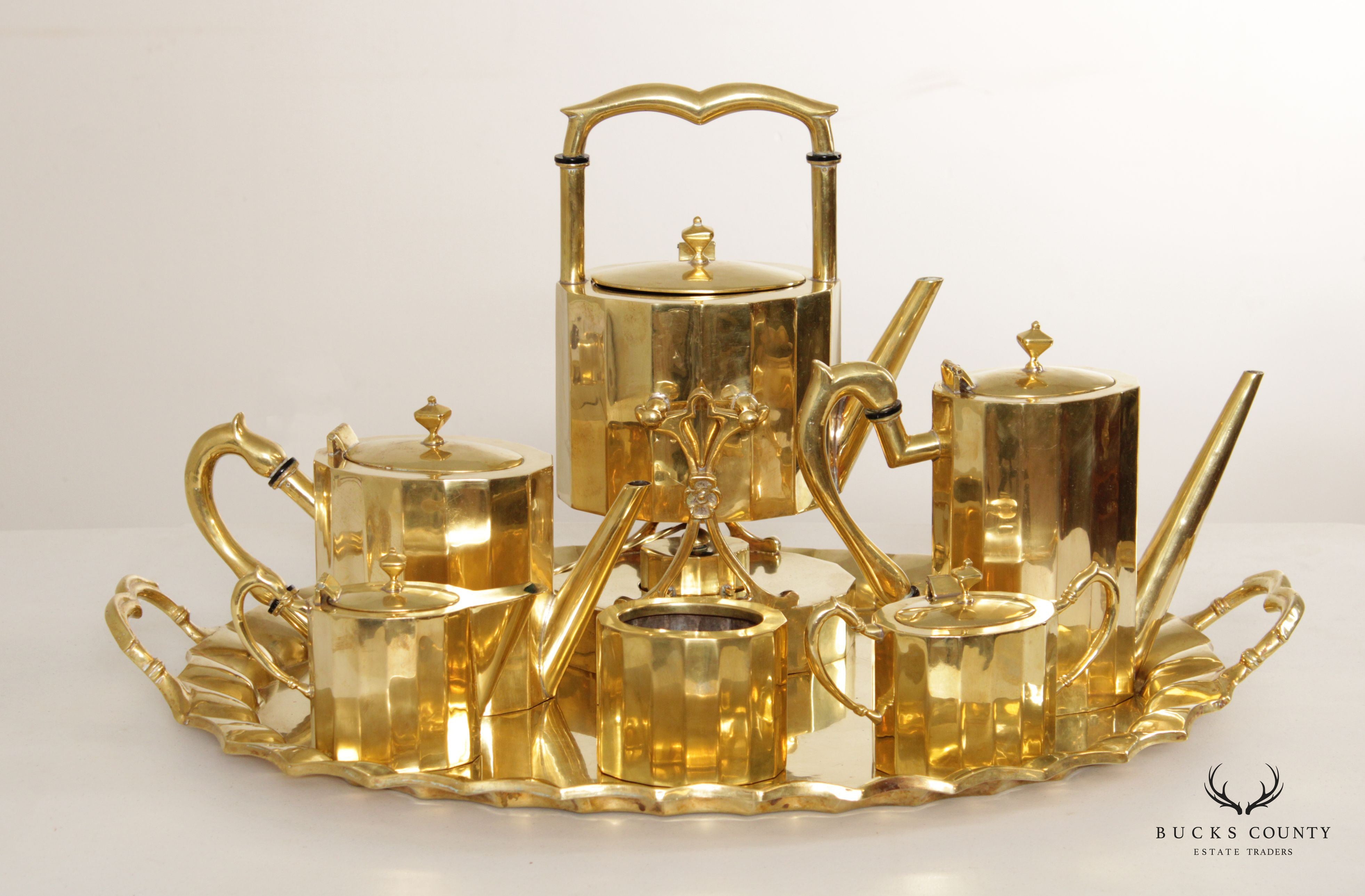 J. Jiminez Art Deco Style Brass 7 Piece Coffee & Tea Set