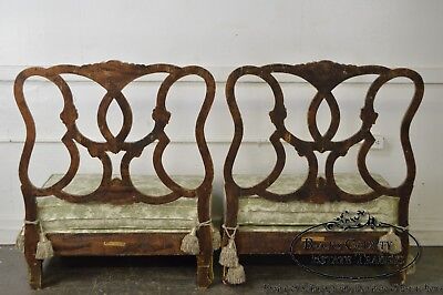 Antique Italian Painted & Upholstered Pair of Foyer Settees Benches