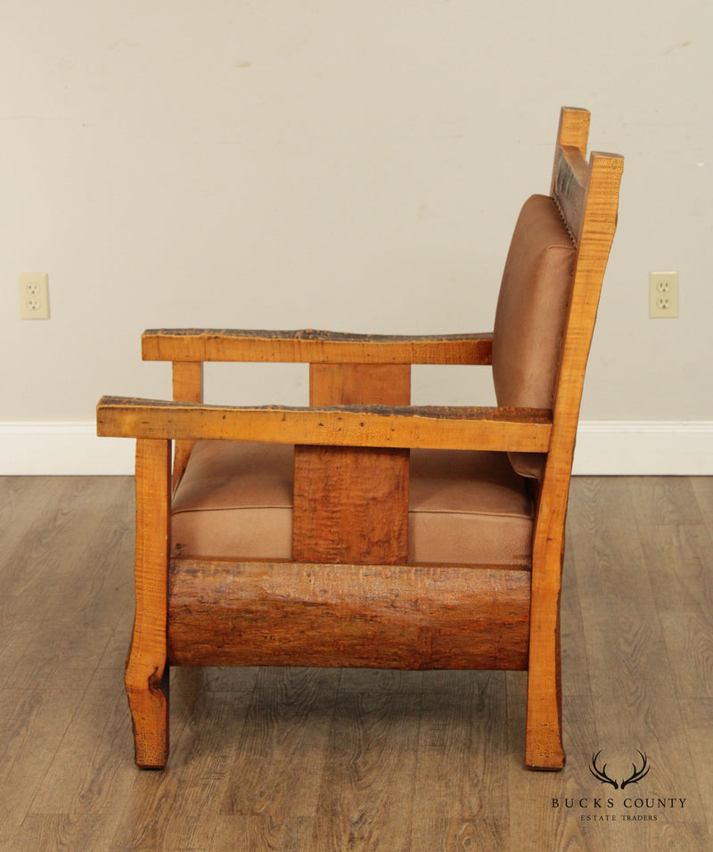 Antique Adirondack Tiger Maple and Leather Lounge Arm Chair