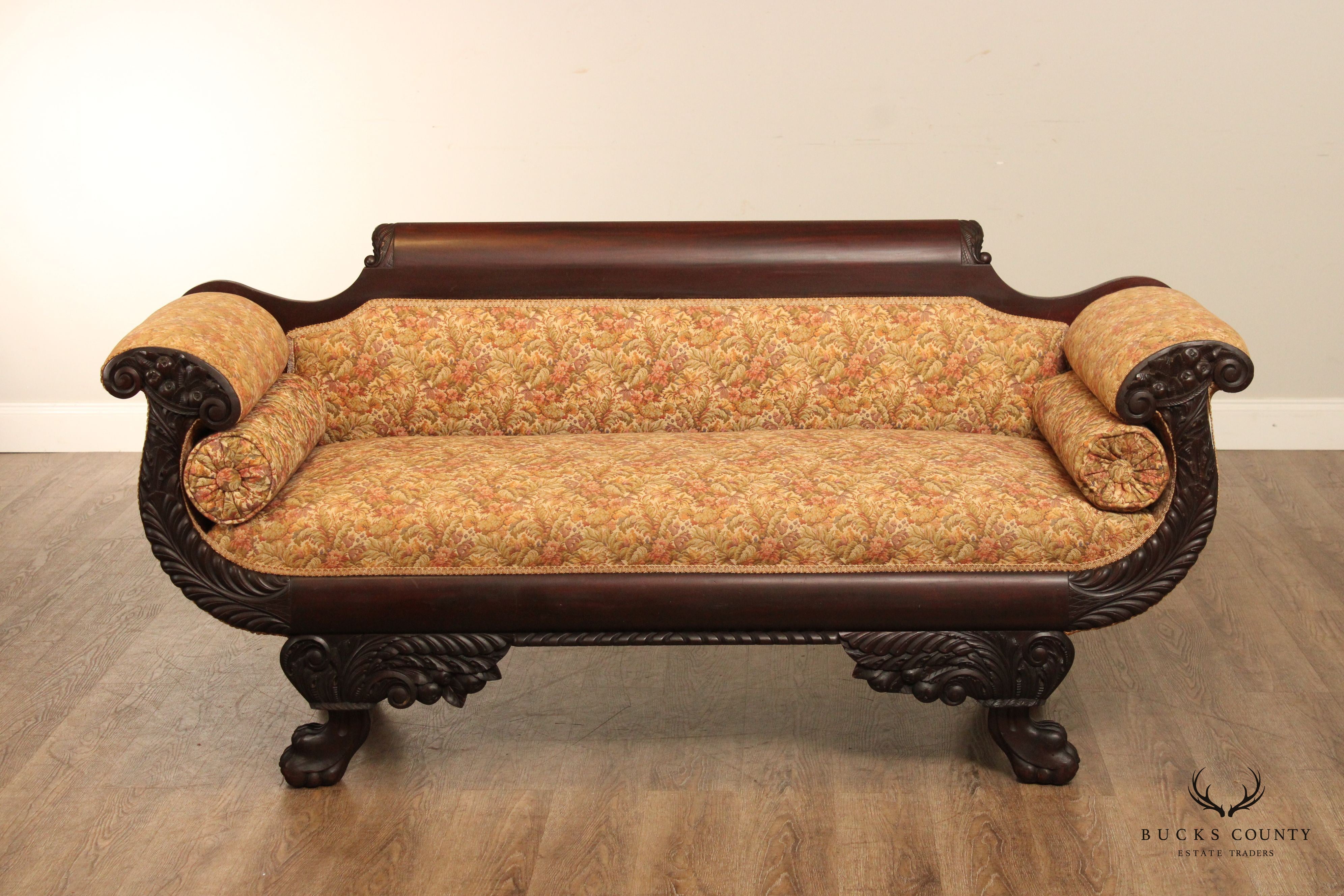 Antique American Empire Carved Mahogany Claw Foot Sofa