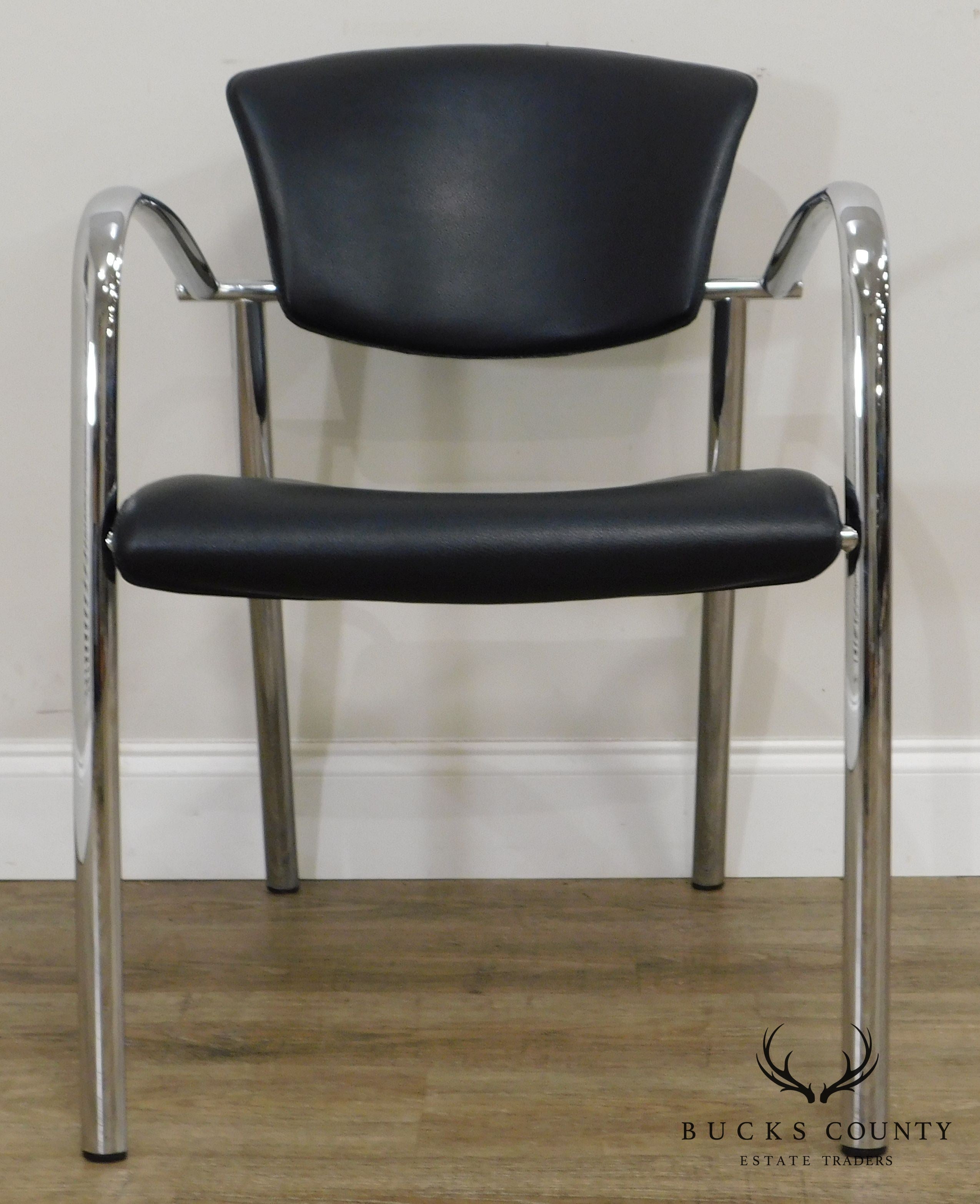 Brayton International Collection Steelcase Pair Chrome & Black Leather Armchairs