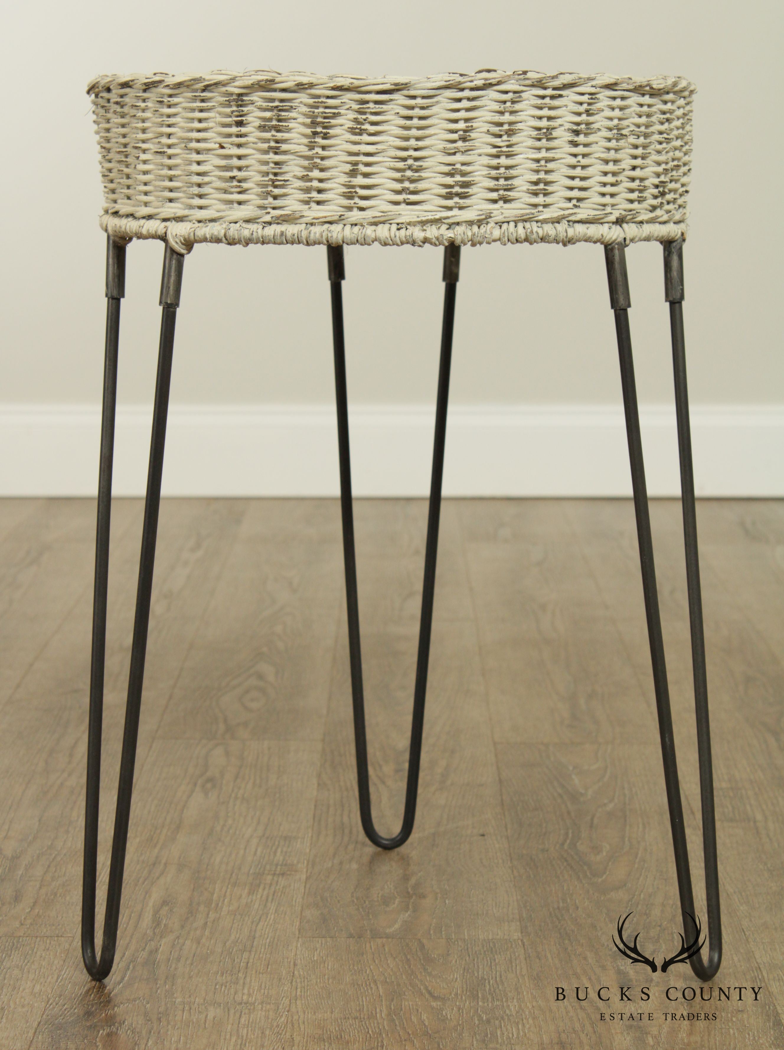 Round Wicker Planter Table With Hairpin Legs