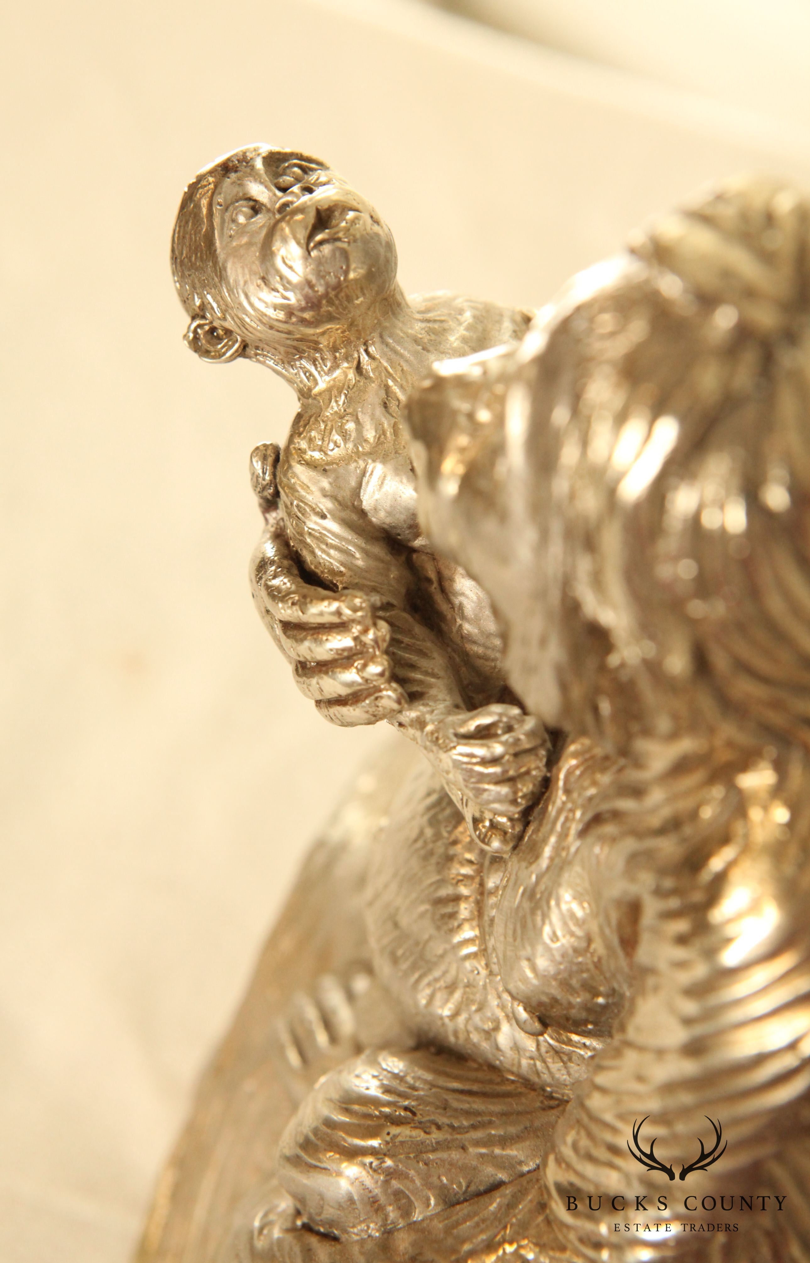 Silver Finish Bronze Statue of Mother & Baby Orangutan