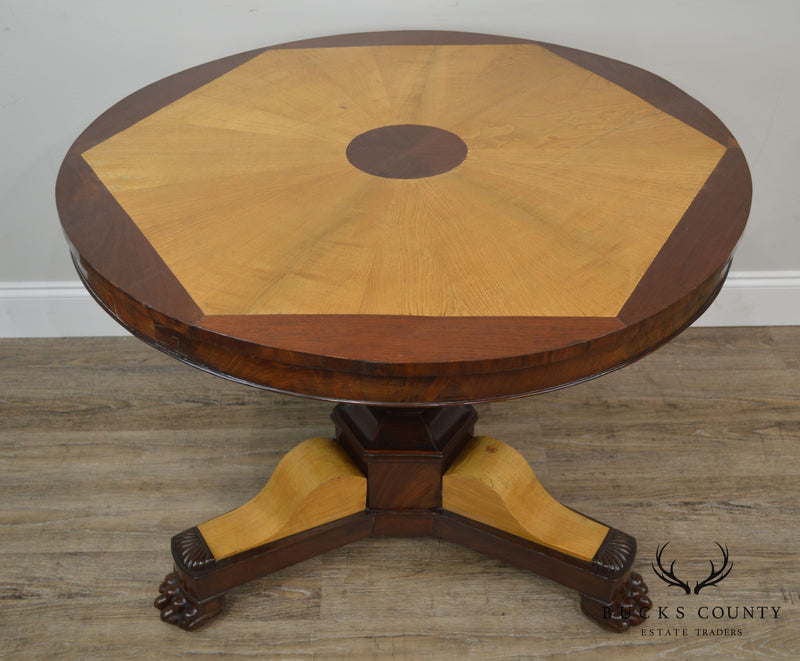 French Charles X Antique Mahogany & Elm Wood 2 Tone Round Center Table