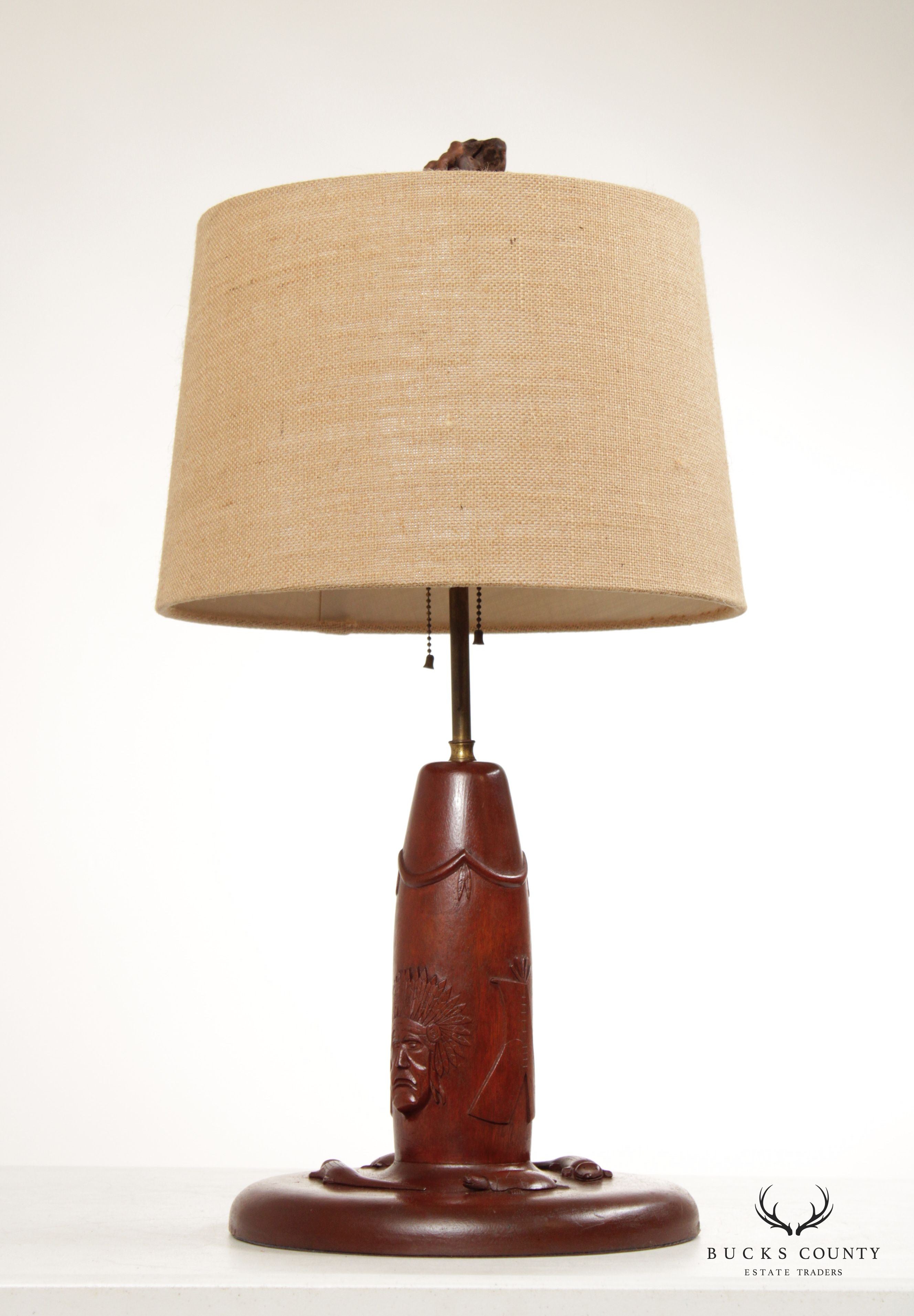 Carved Mahogany Native American Motif Table Lamp