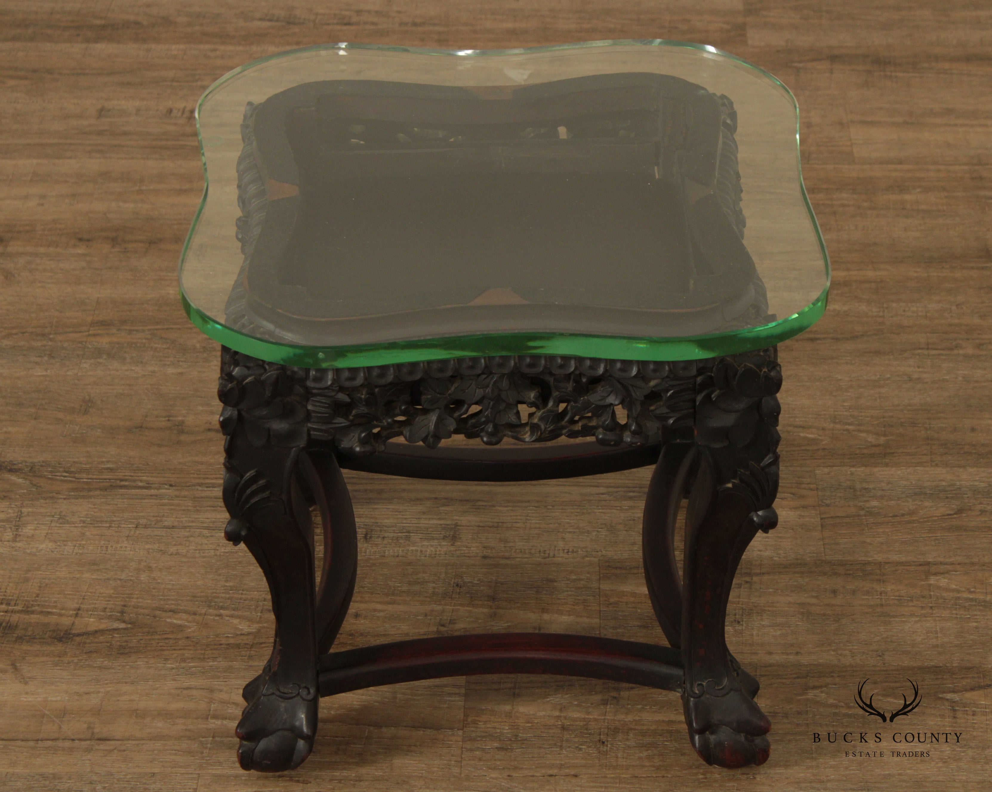 Antique Asian Ornate Carved Tabouret Side Table with Glass Top