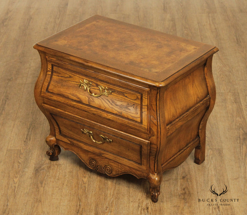 Baker French Louis XV Style Oak and Burlwood Bombe Chest Nightstand