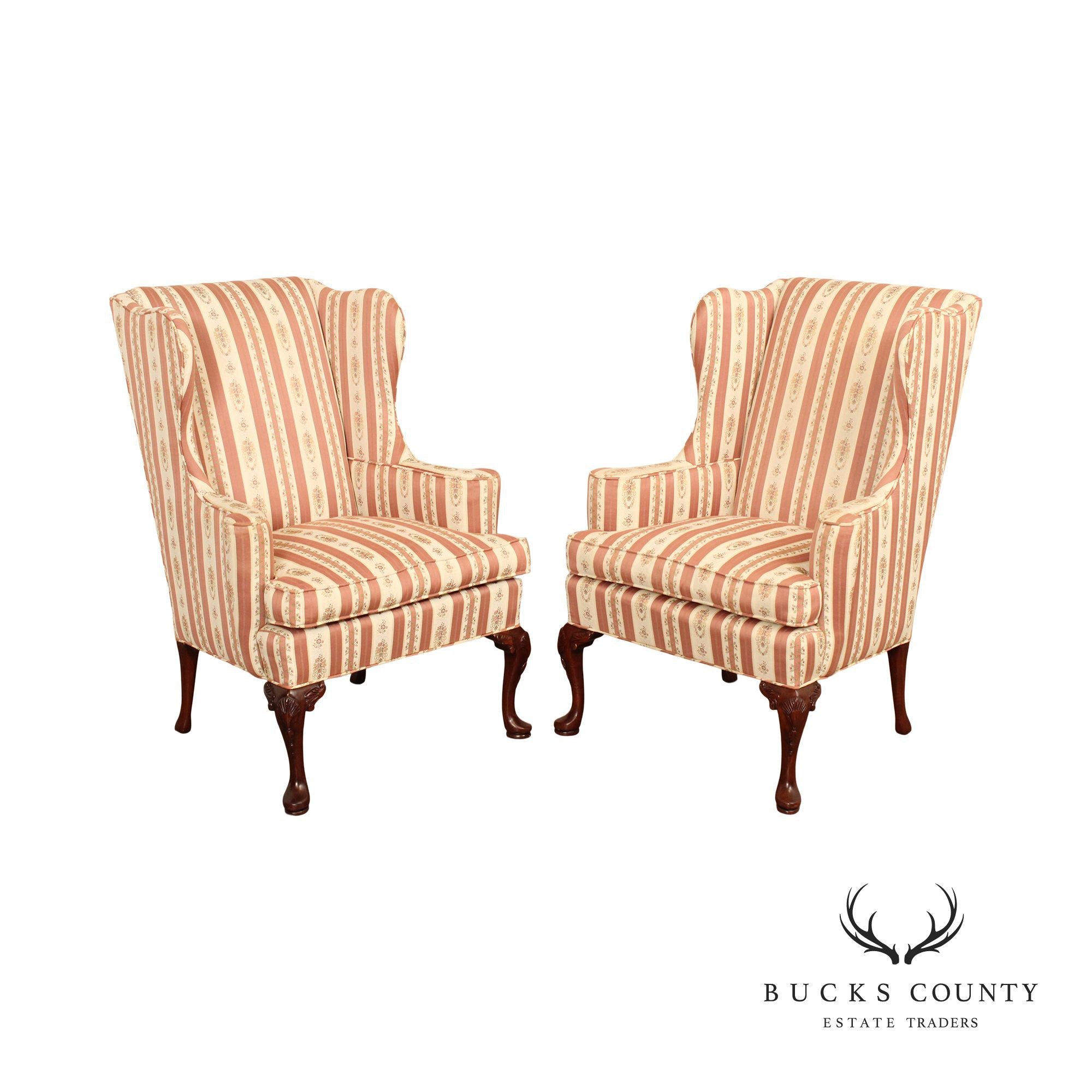 Hickory Chair Queen Anne Style Pair of Mahogany Wing Chairs