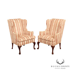 Hickory Chair Queen Anne Style Pair of Mahogany Wing Chairs