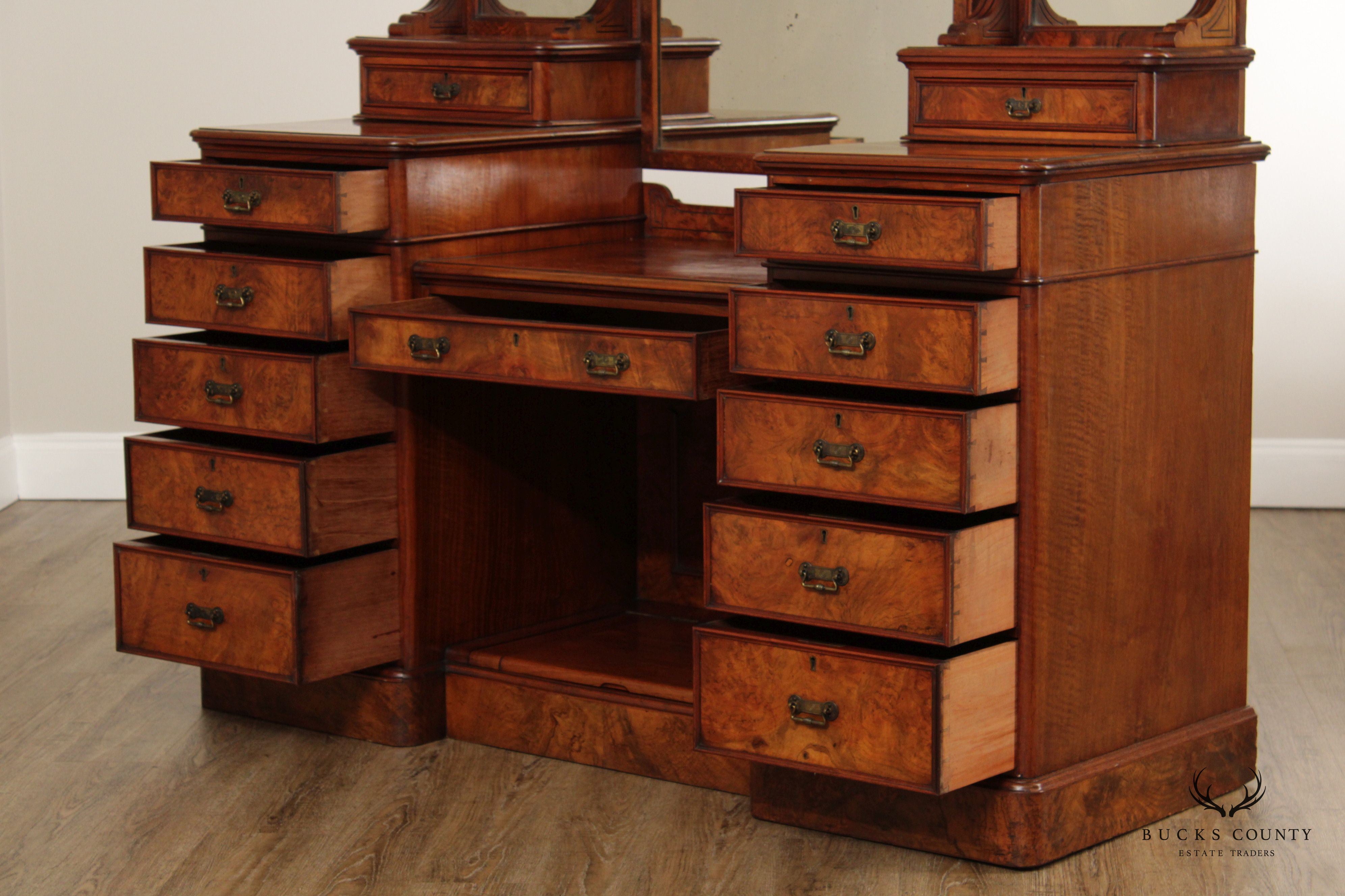 Antique English Victorian Walnut Burl Vanity Dresser with Mirror