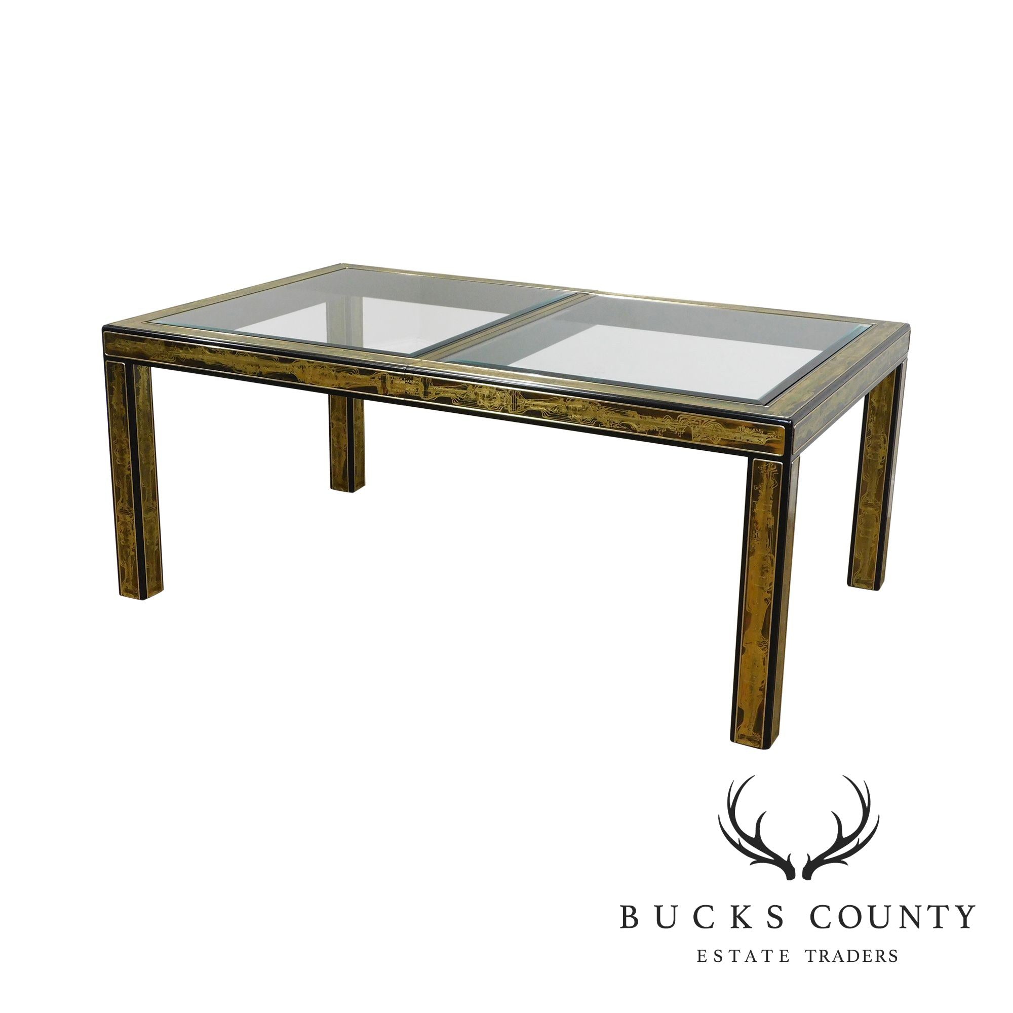 Bernard Rohne Mastercraft Acid Etched Brass, Glass Top Expandable Dining Table