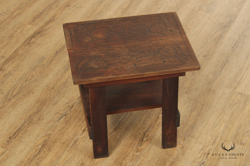 C.W. Davis Arts & Crafts Style Carved Side Table