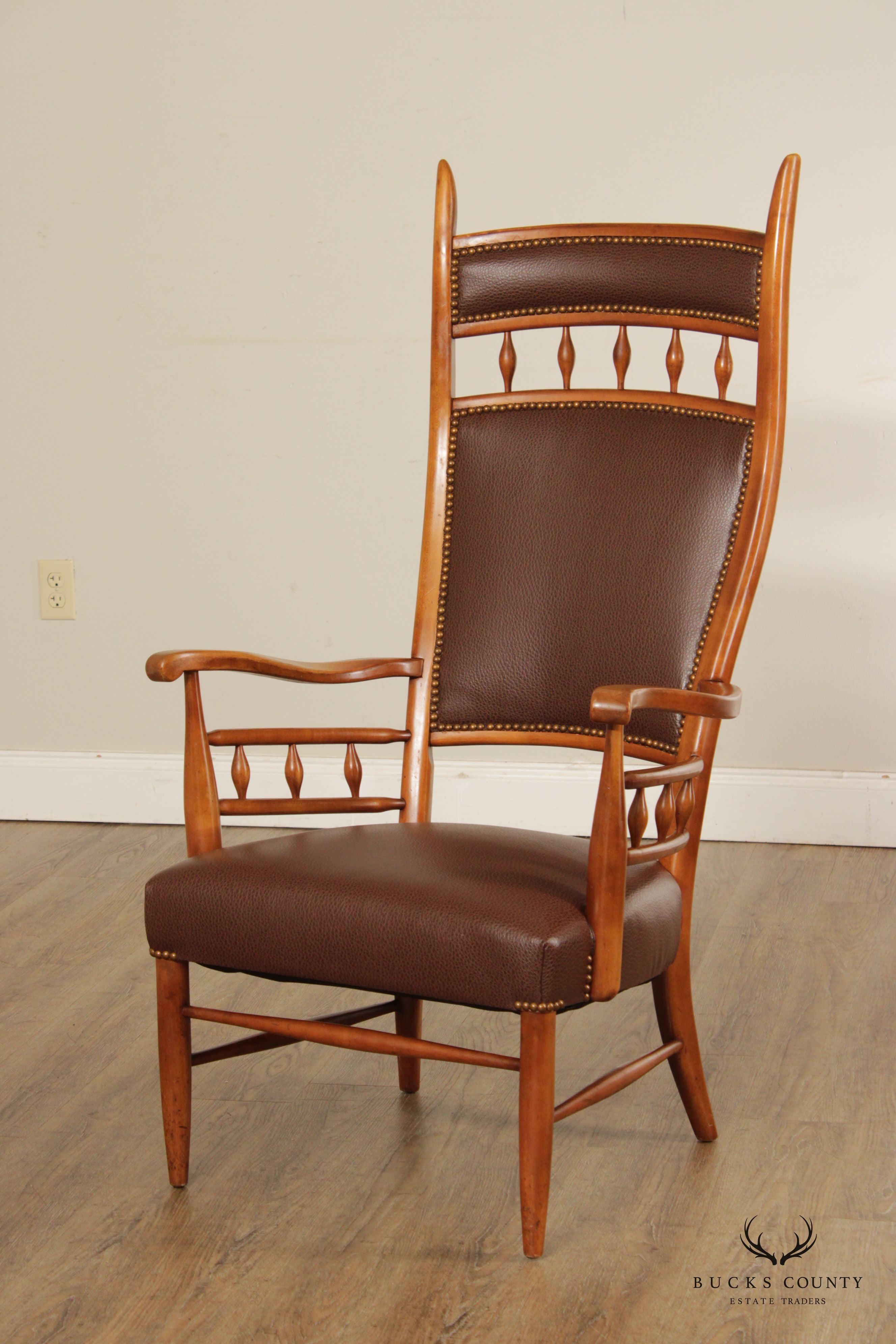 Mid Century Unusual High Back Sculpted Maple & Leather Arm Chair