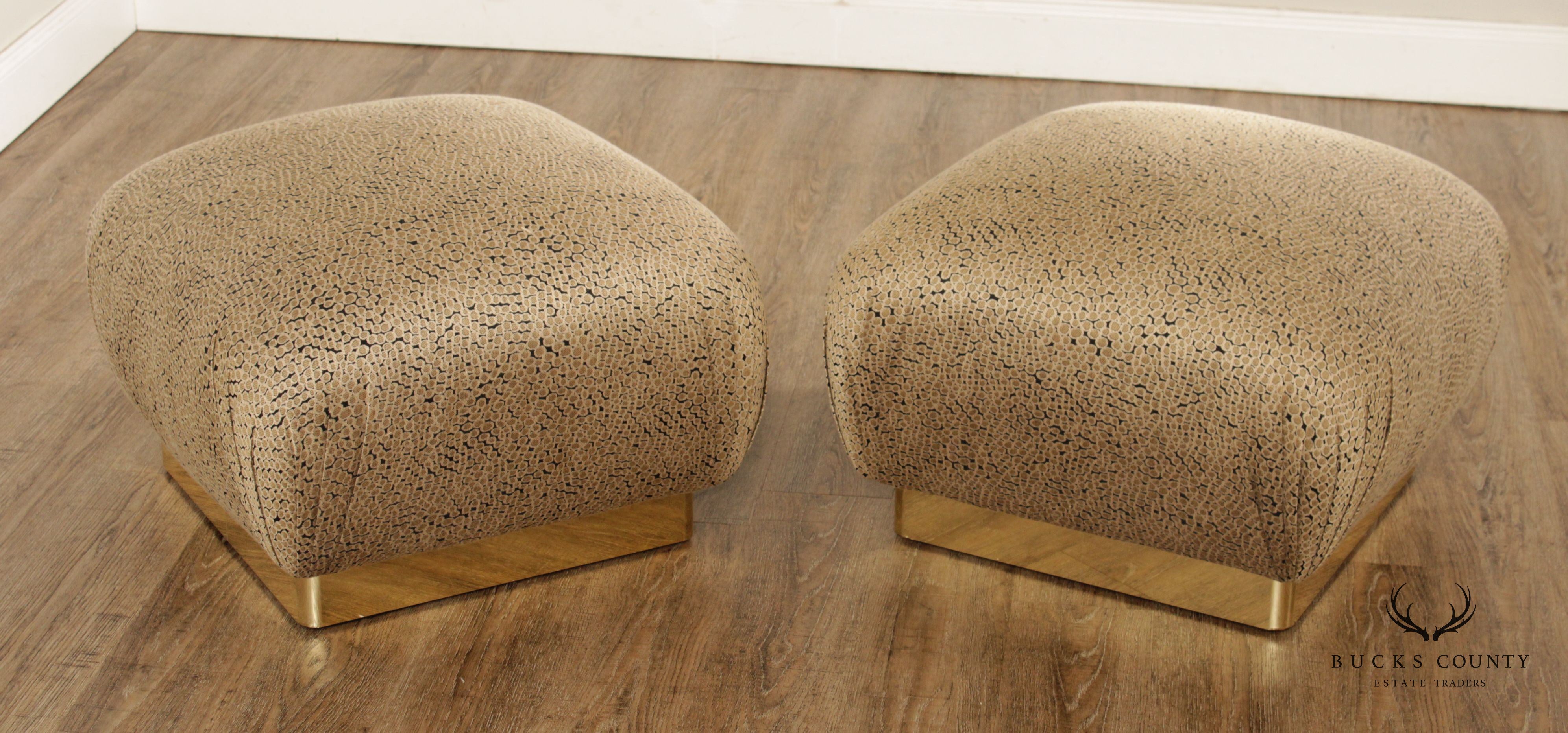 Hollywood Regency Pair Custom Upholstered Brass Ottomans