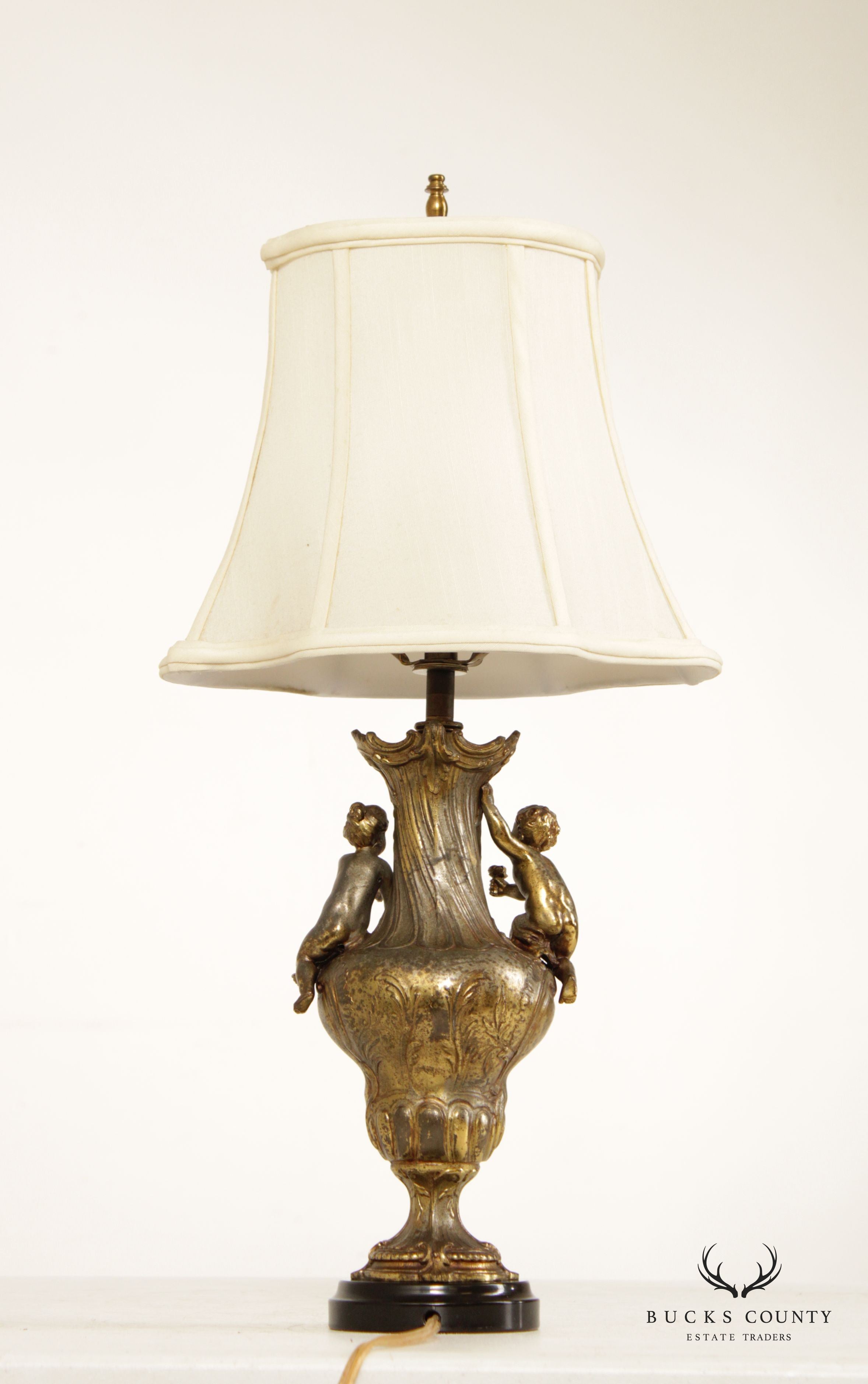 French Rococo Style Gilt Putti Table Lamp with Silk Shade