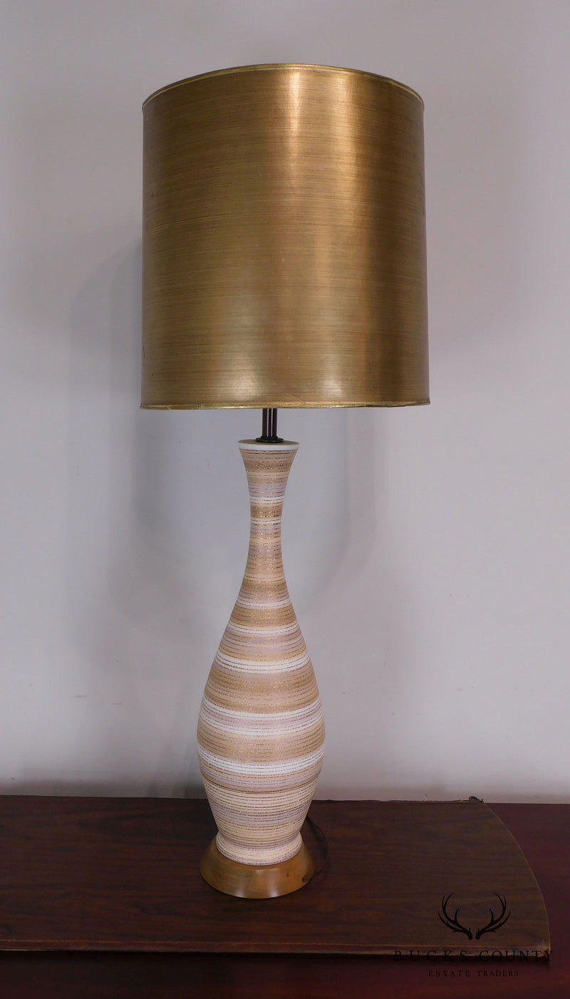 Pair Mid Century Modern Slender Vase Shaped Ceramic Table Lamps with Copper Foil Shades