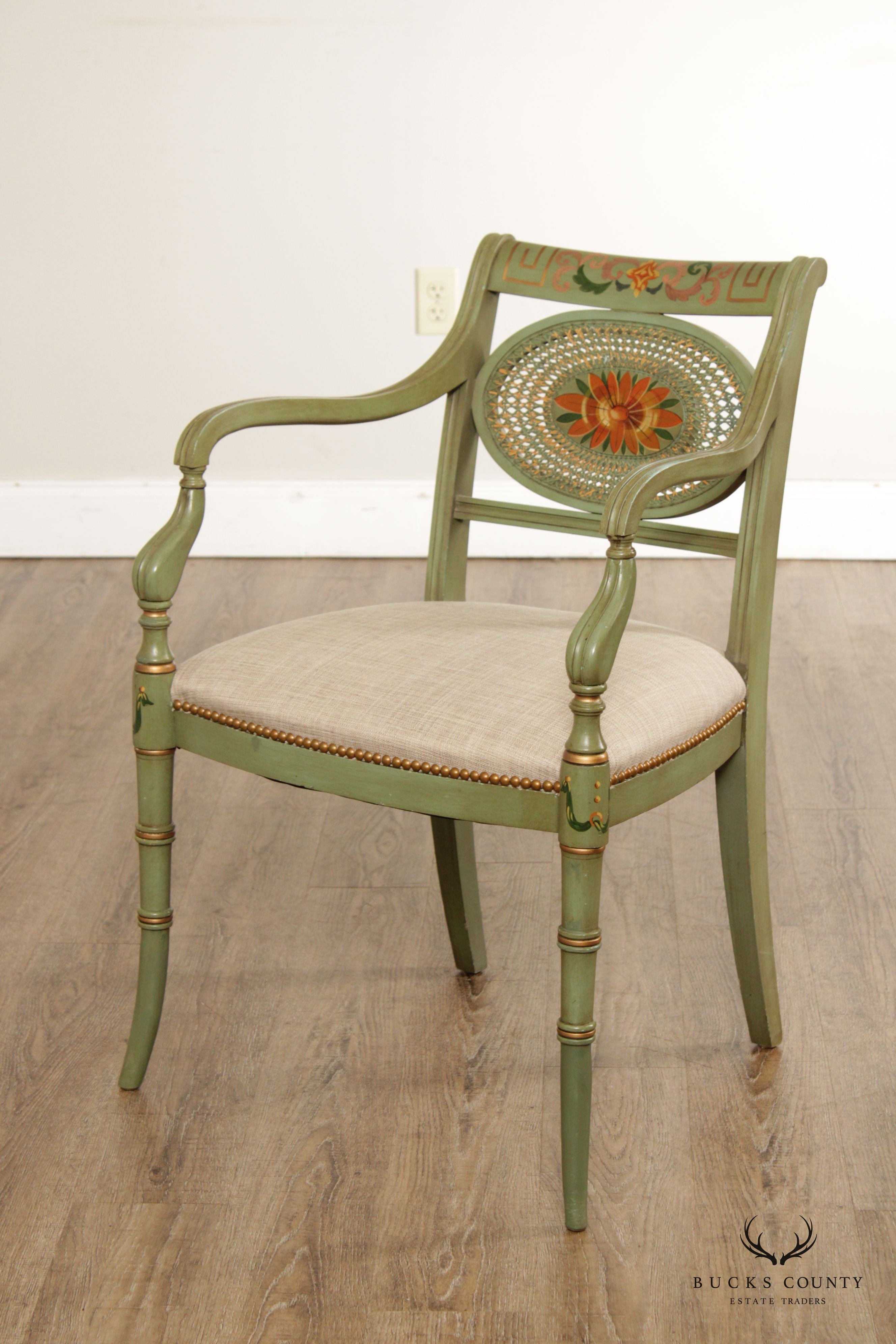 English Regency Style Cane Back Green-Painted Armchair