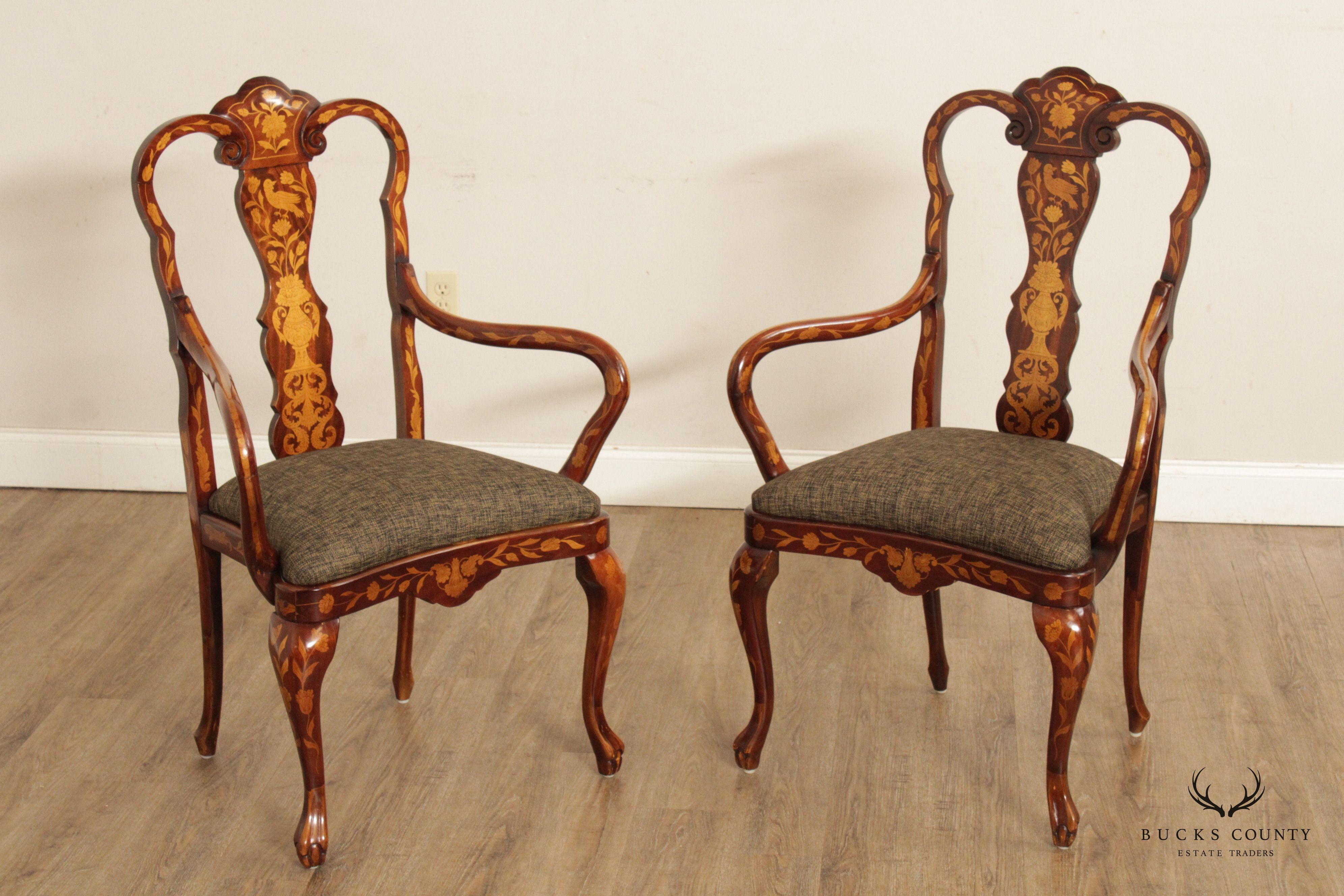 Dutch Marquery Inlaid Mahogany Pair of Armchairs