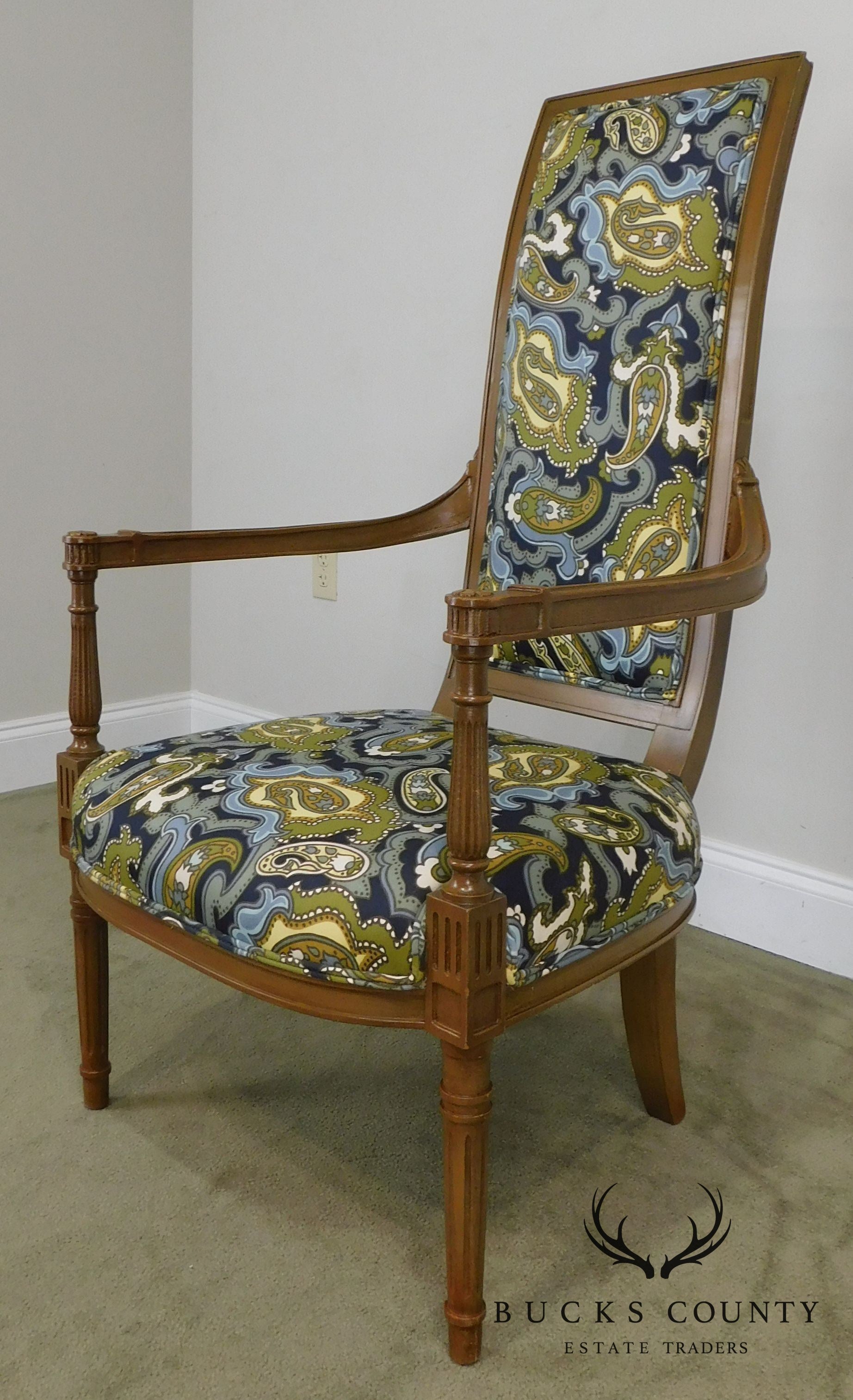 Louis XVI Style Mid Century Custom Pair High Back Armchairs