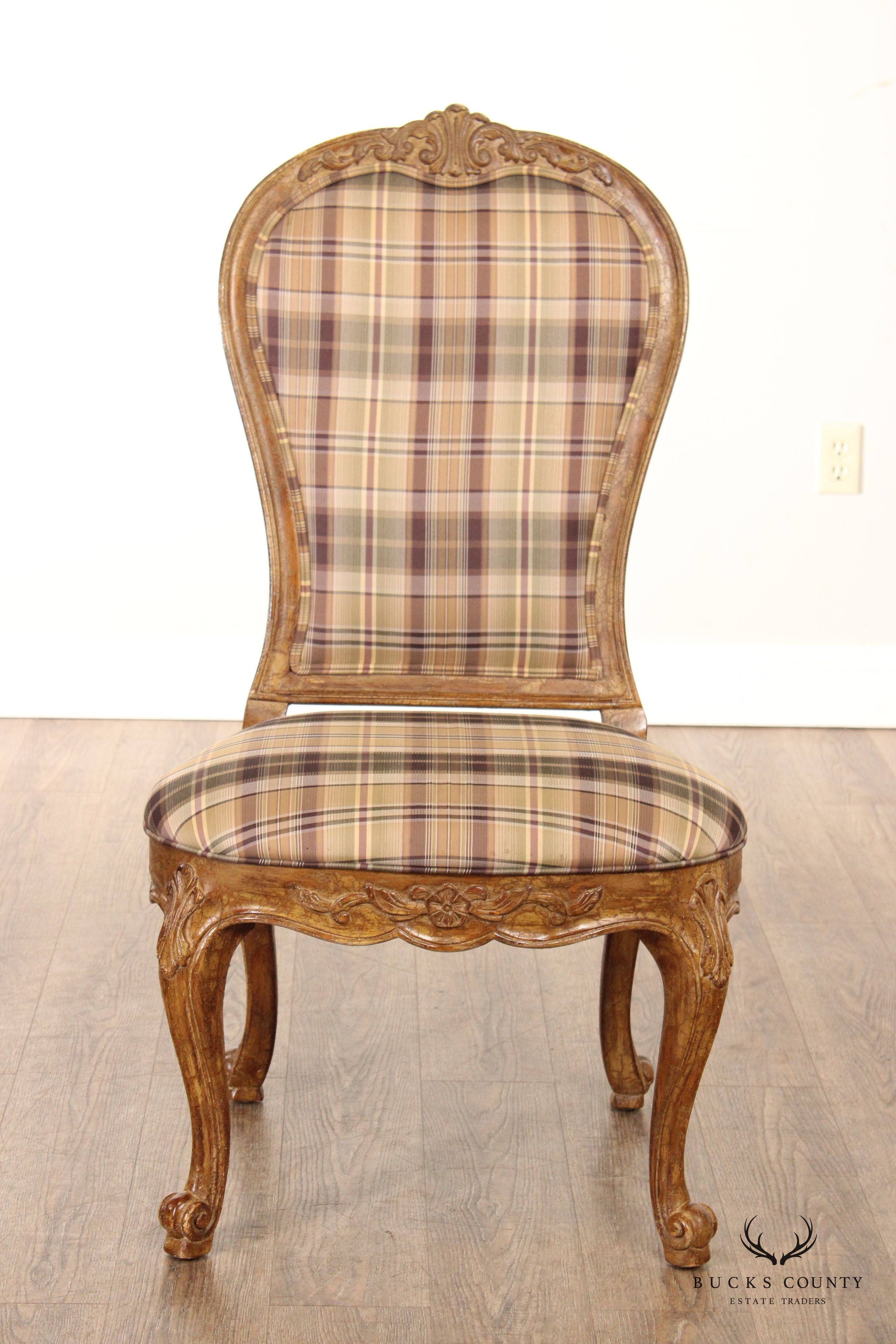 French Louis XV Style Set Six Plaid Upholstered Dining Chairs