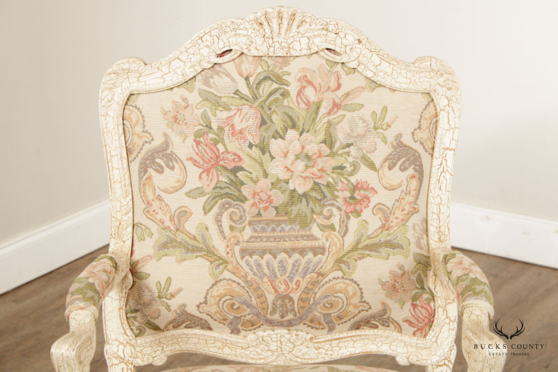 French Louis XV Style Crackle Painted Fauteuil Armchair