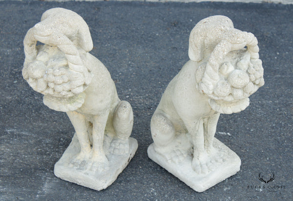 Vintage Pair Cast Stone Garden Statues Of Dogs Holding Baskets