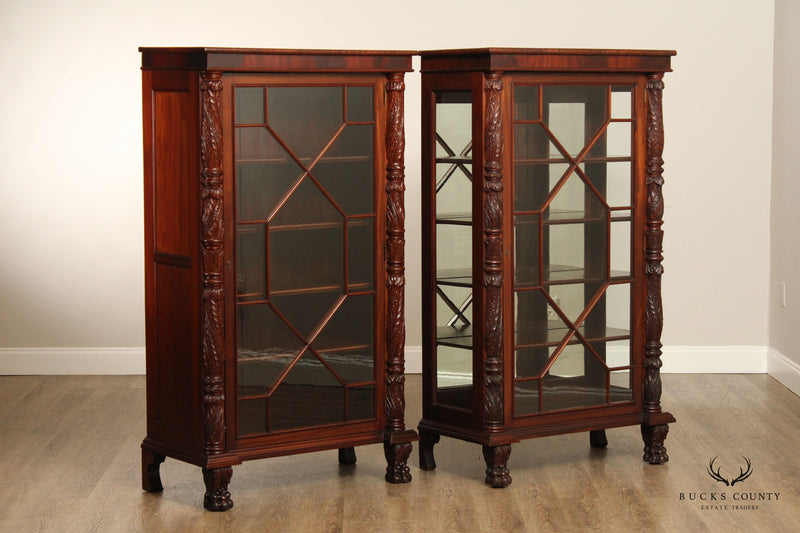 Antique Pair of American Empire Carved Acanthus and Paw Foot Mahogany China Cabinet Bookcases