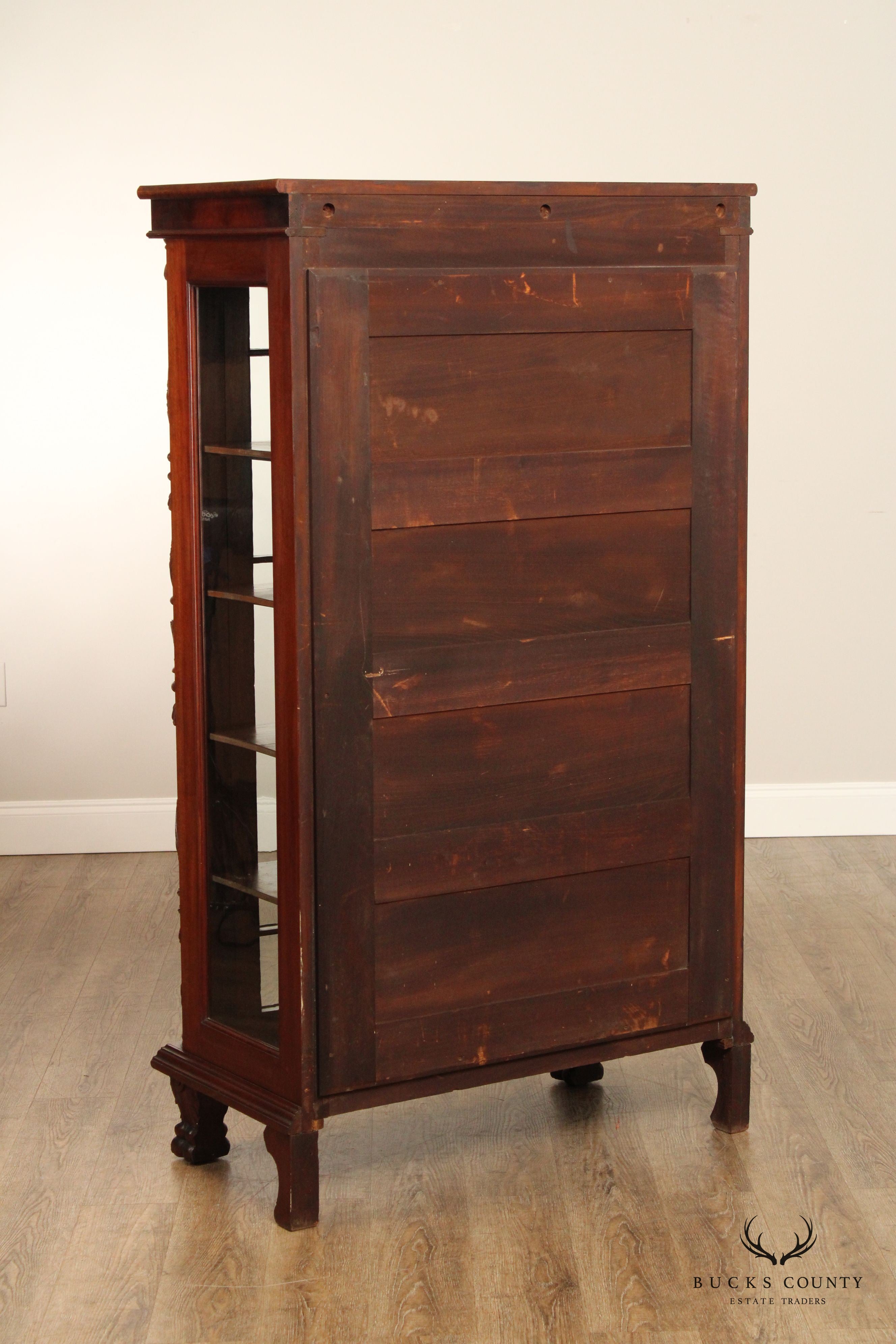 Antique Pair of American Empire Carved Acanthus and Paw Foot Mahogany China Cabinet Bookcases