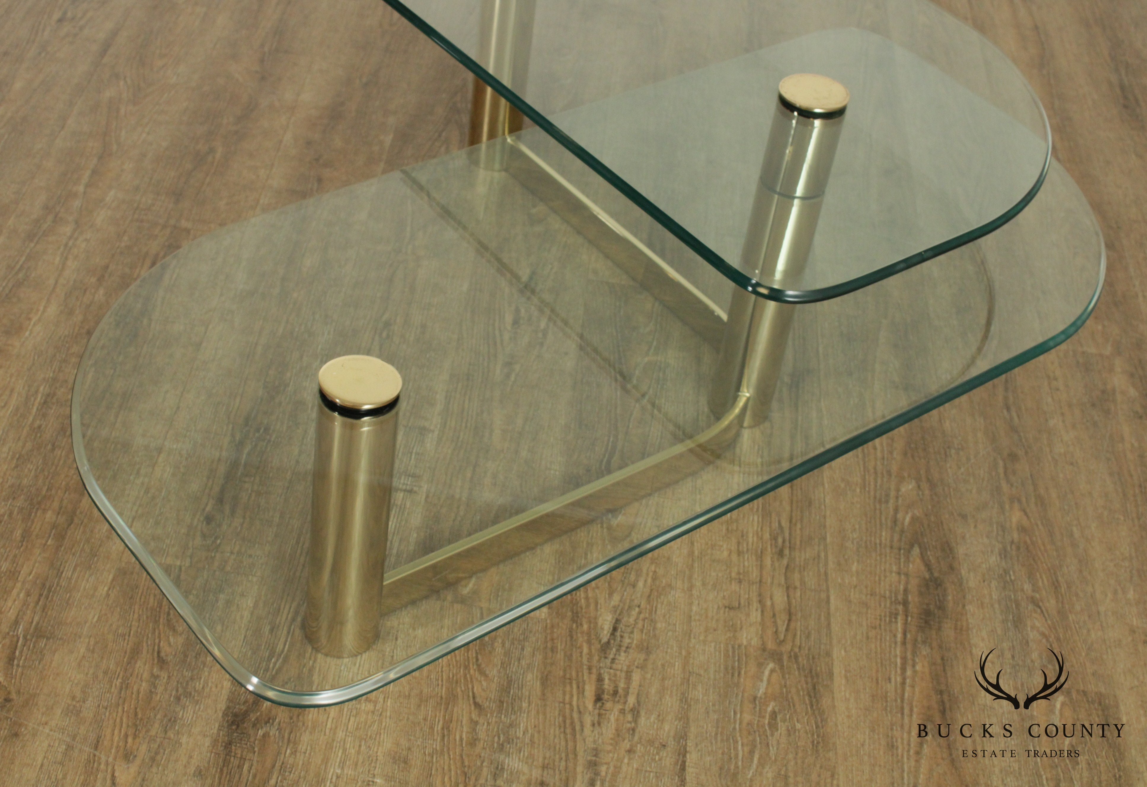 Postmodern 1970's Vintage Brass & Glass 2 Tier L Shape Coffee Table