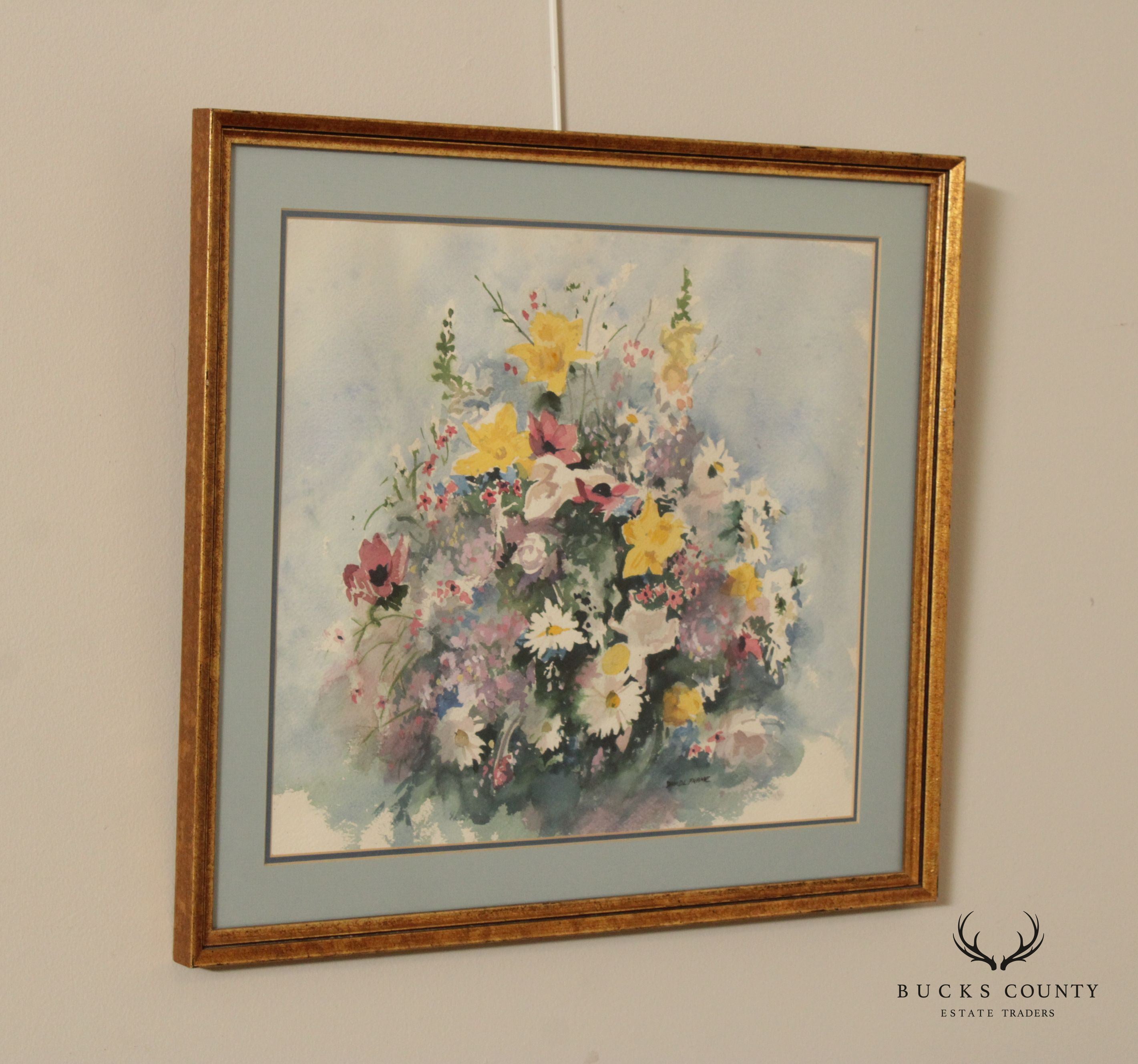 David L. Frame Floral Watercolor Painting, Custom Framed