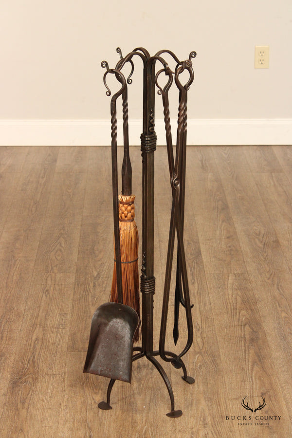 J Wyckoff Hand Forged Arts & Crafts Wrought Iron Five-Piece Fireplace Set
