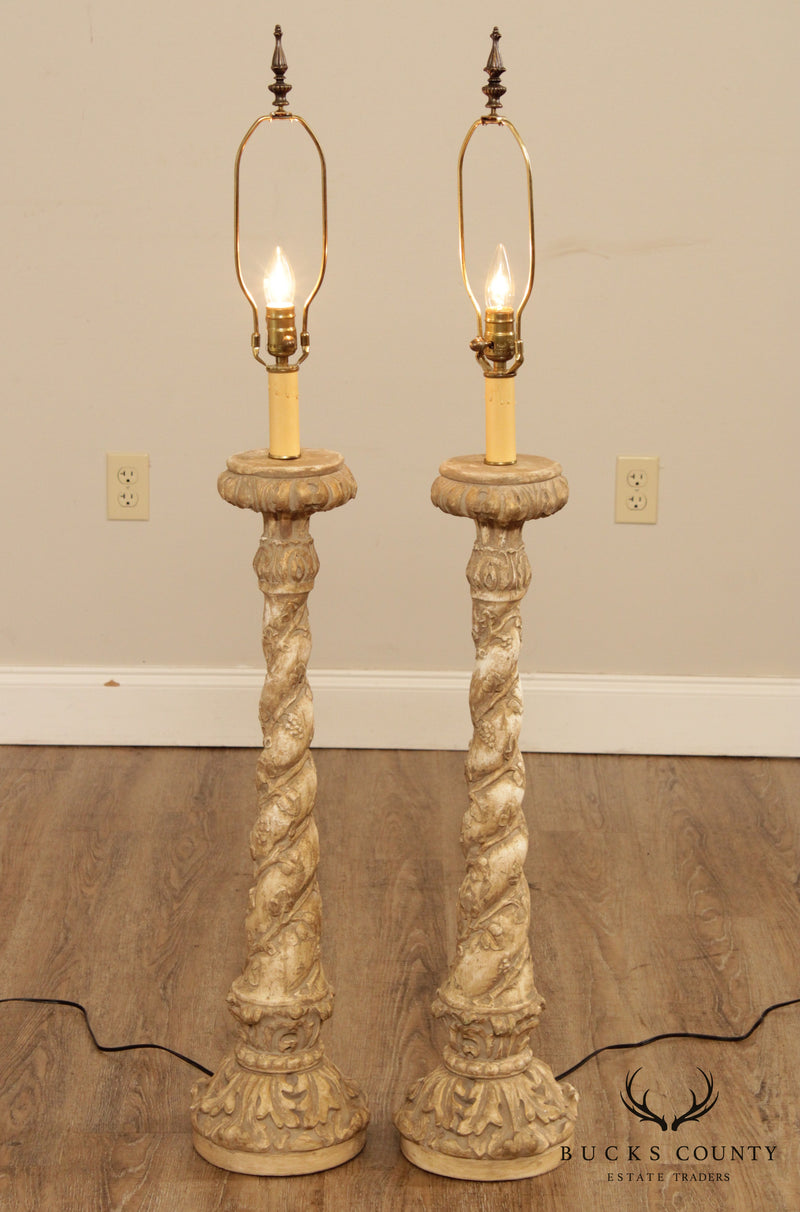 Milano Designs Tall Pair Carved Twisted Torchier Candlestick Table Lamps