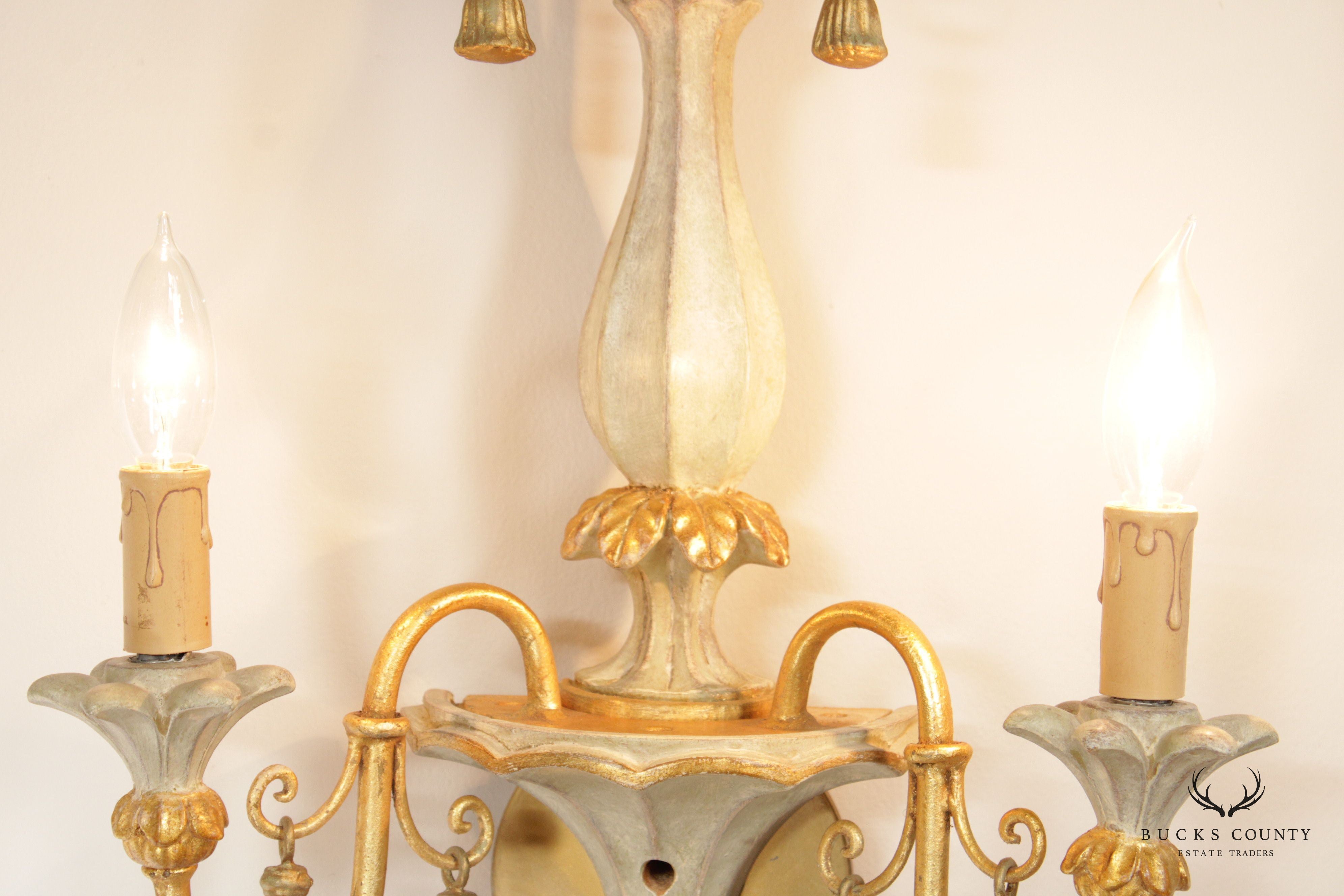 Italian Hollywood Regency Pair Parcel Gilt 2-Light Wall Sconces