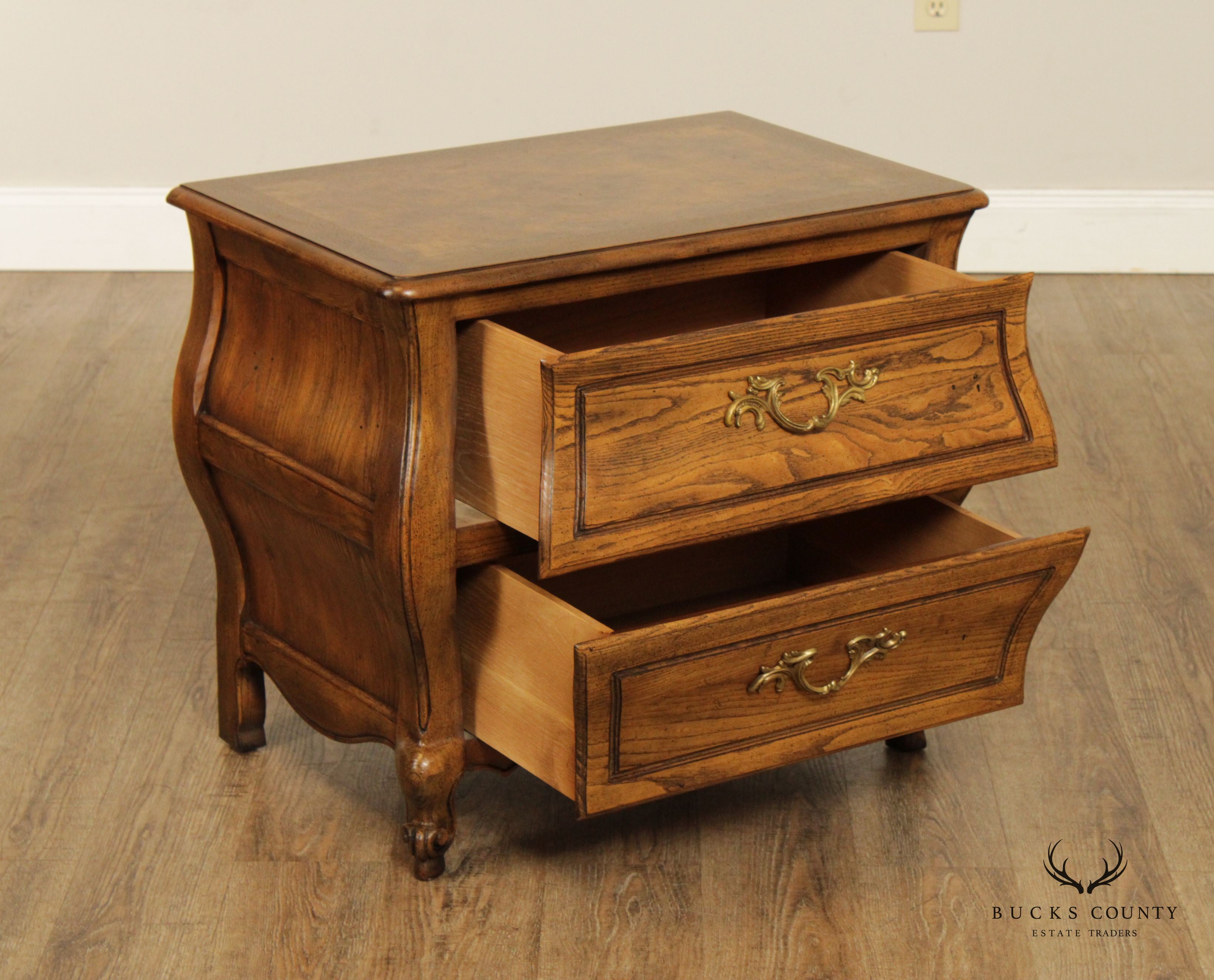 Baker French Louis XV Style Oak and Burlwood Bombe Chest Nightstand