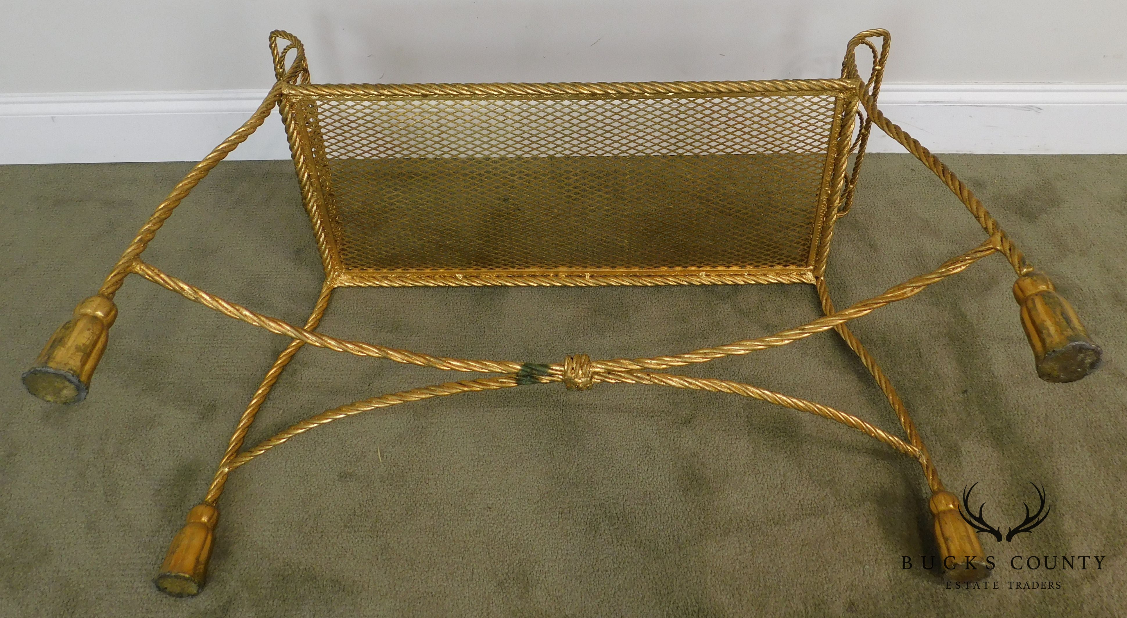 Hollywood Regency Vintage 1960's Italian Gilt Metal Pair Rope & Tassel Benches