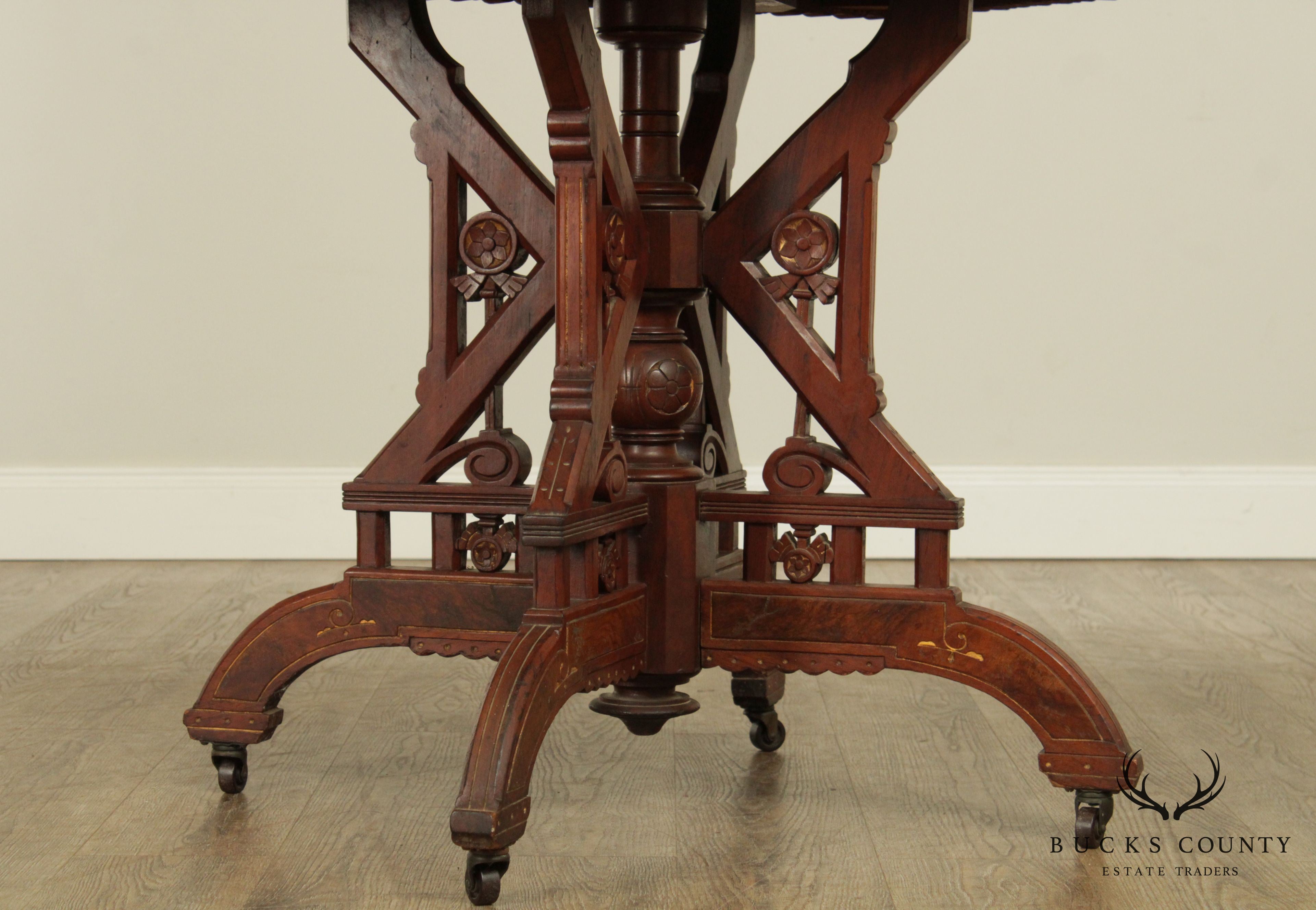 Antique Victorian Eastlake Walnut Marble Top Parlor Table