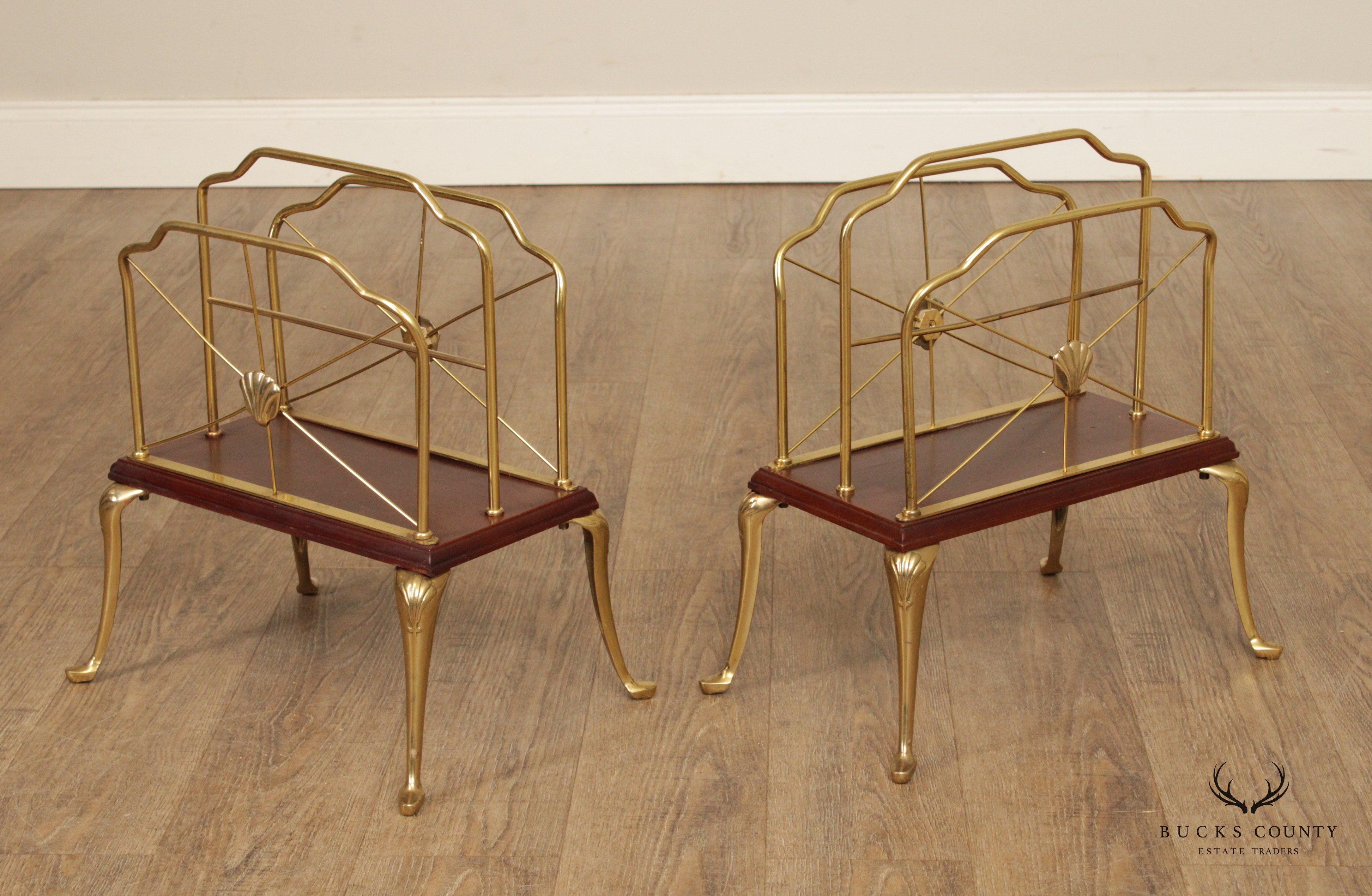 Decorative Crafts Inc. Regency Style Pair of Brass and Cherry Magazine Racks