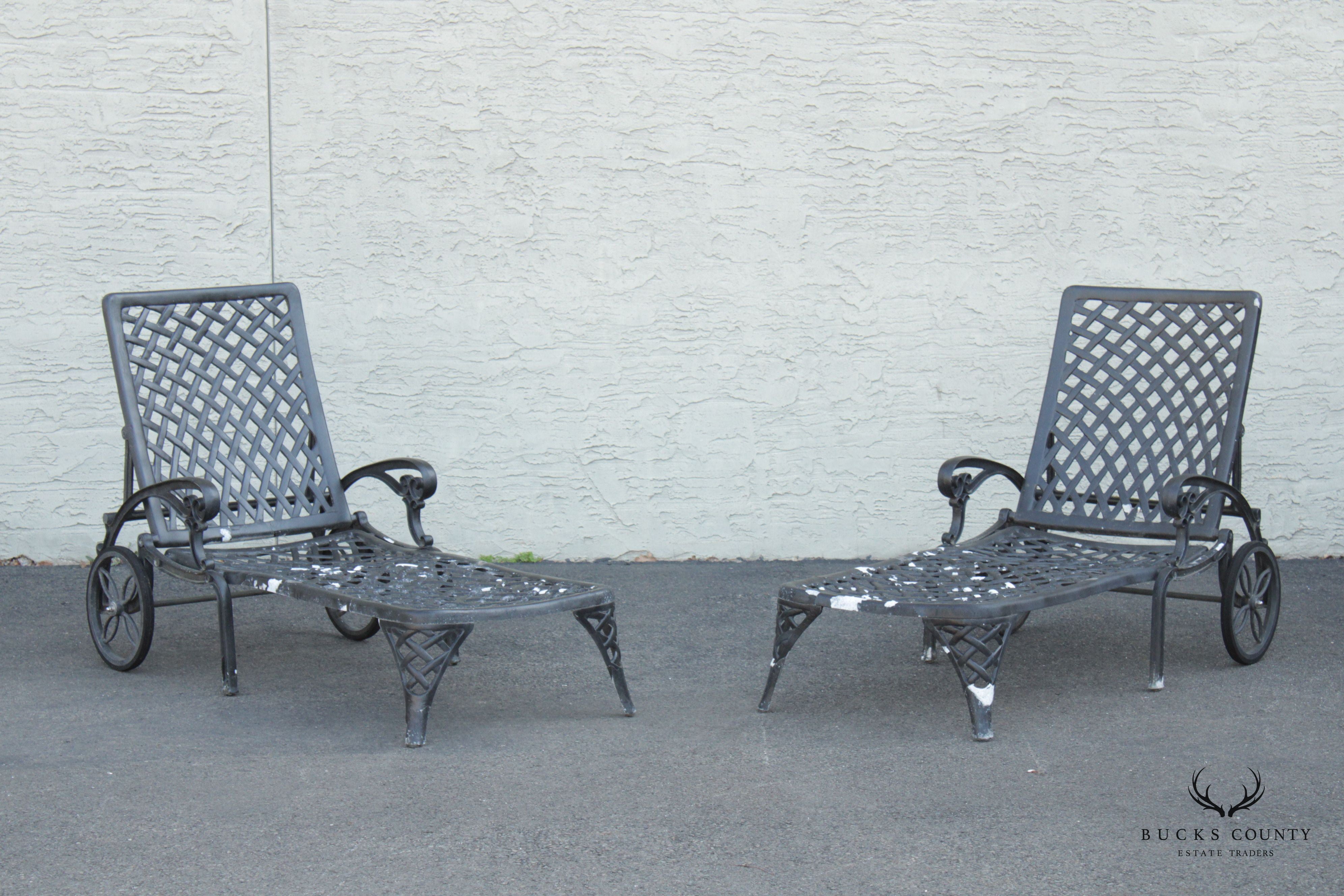 Cast Aluminum Outdoor Patio Pair of Chaise Lounges