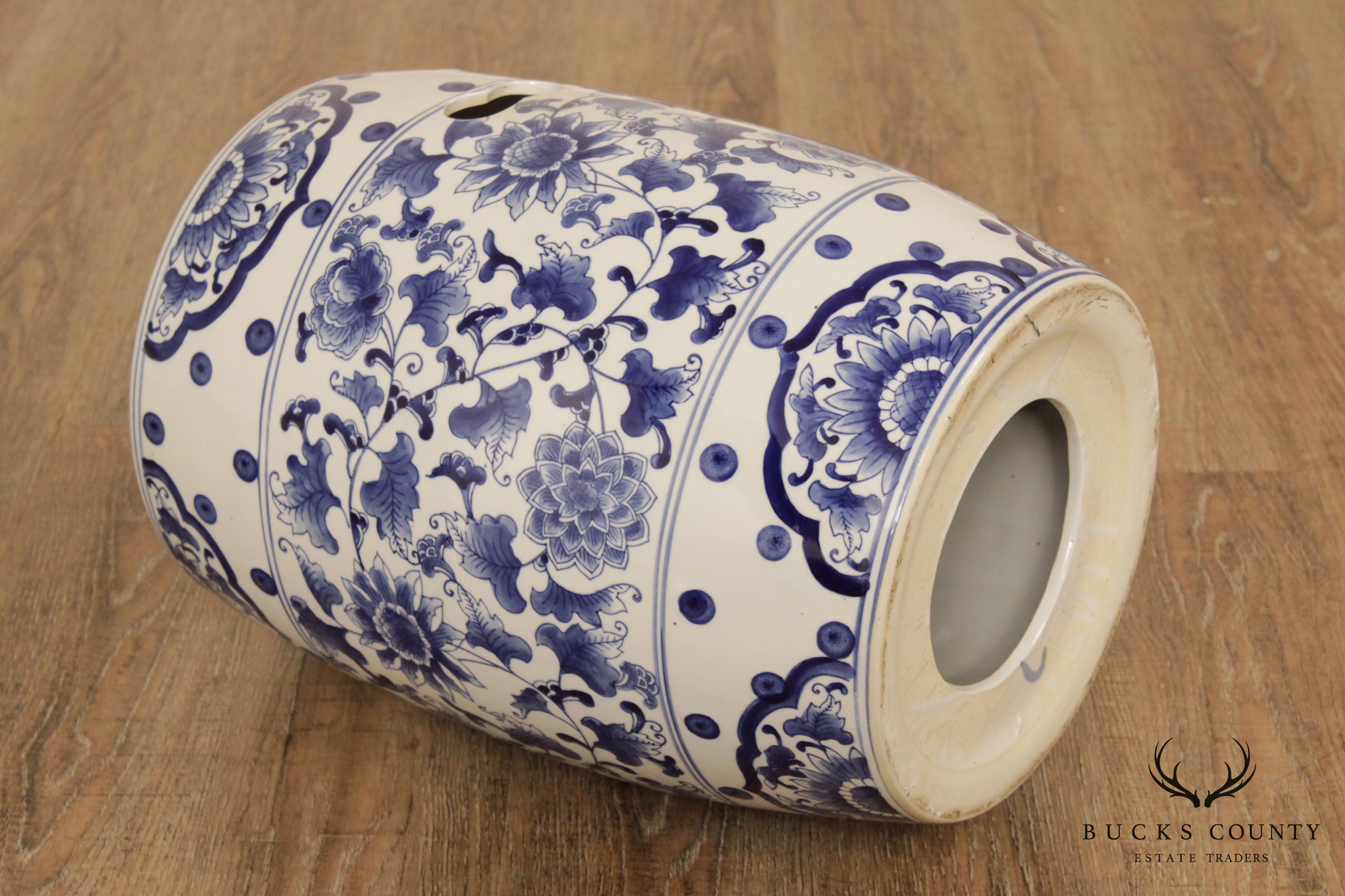 Vintage Asian Inspired Blue and White Porcelain Garden Stool