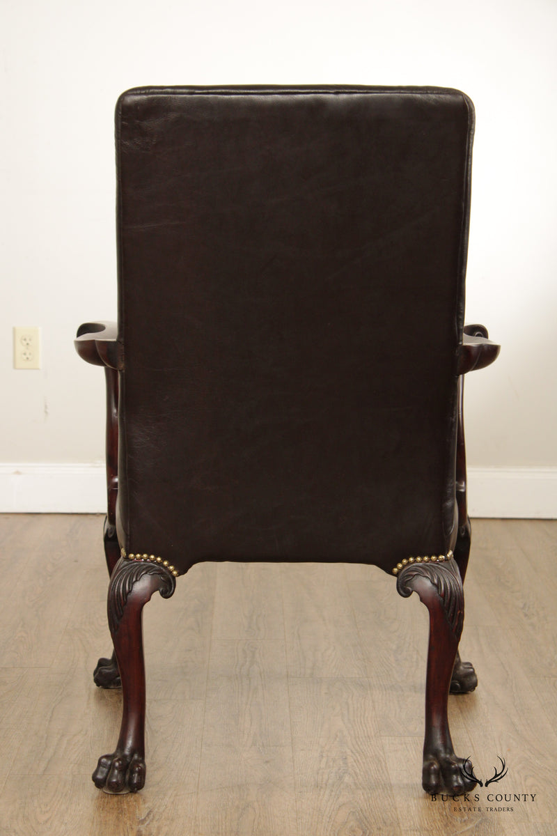 Antique 18th C. Irish Chippendale Carved Mahogany Leather Armchair
