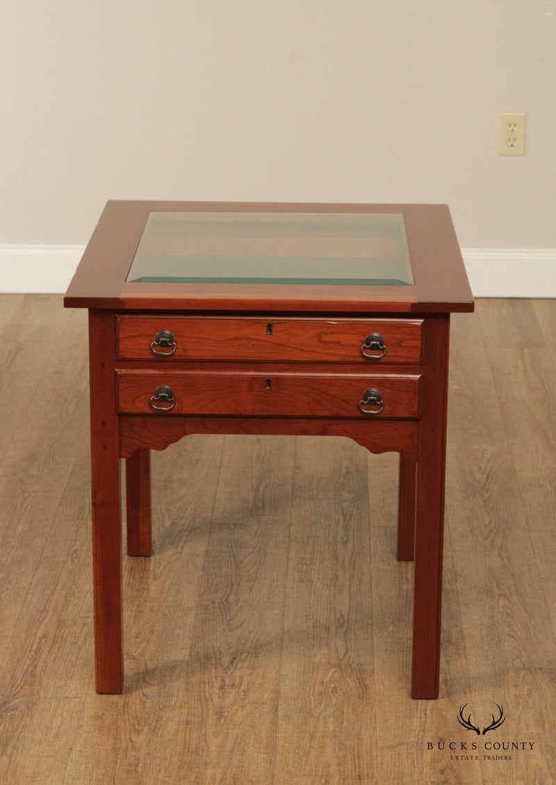 Chippendale Style Cherry Two Drawer Vitrine Curio Display Side Table