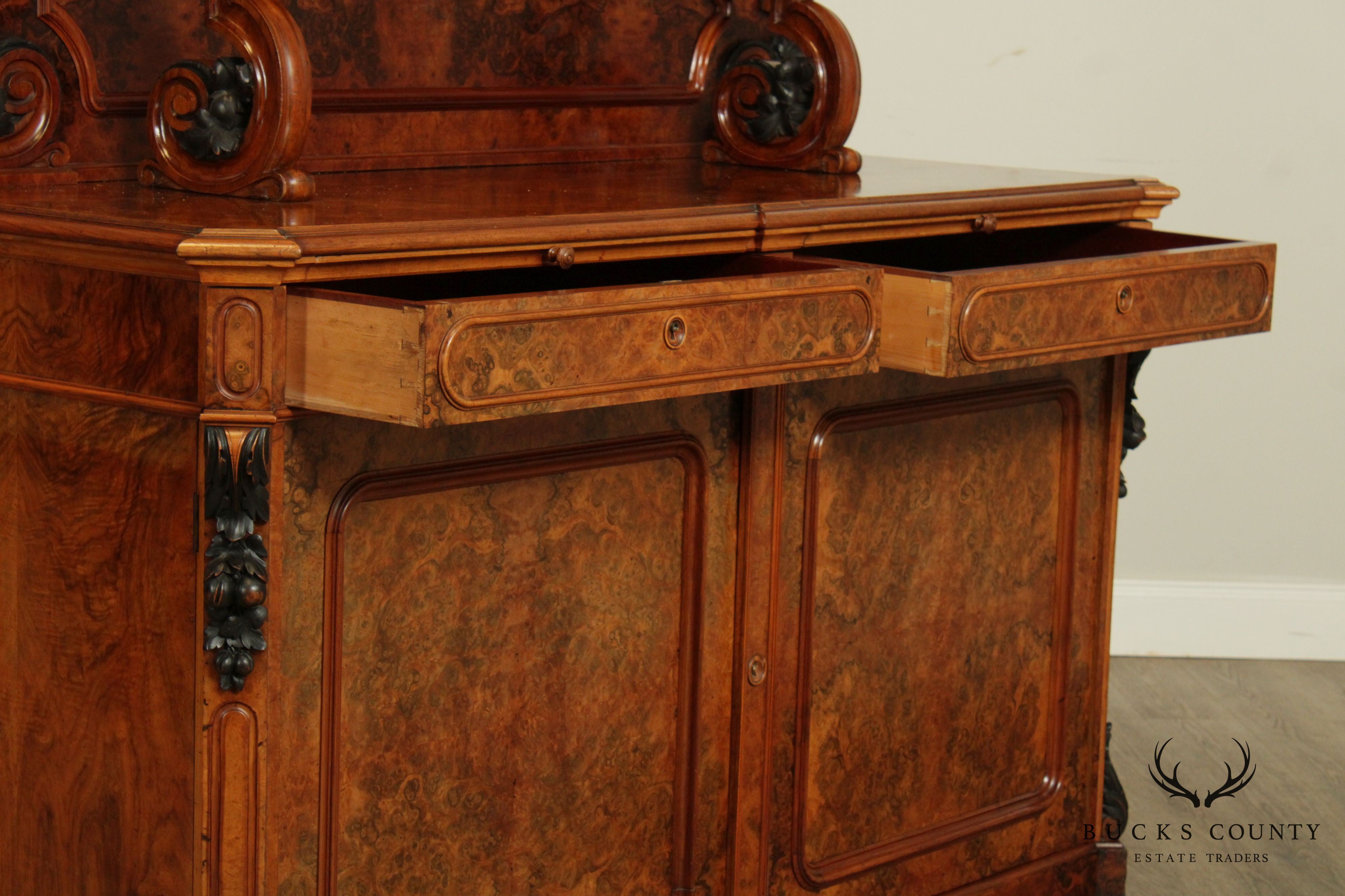 Renaissance Revival Antique Burlwood Grape Carved Sideboard