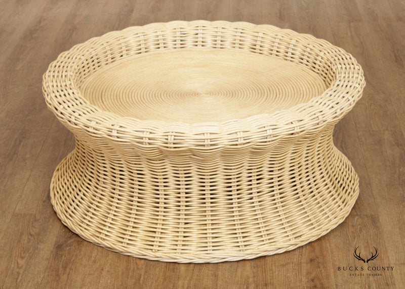 Vintage Wicker Rattan Round Smoked Glass Top Coffee Table