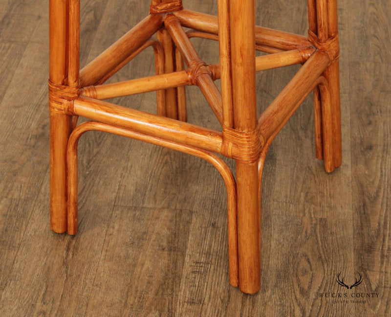Quality Set of Four Custom Upholstered Rattan And Woven Rawhide Bar Stools
