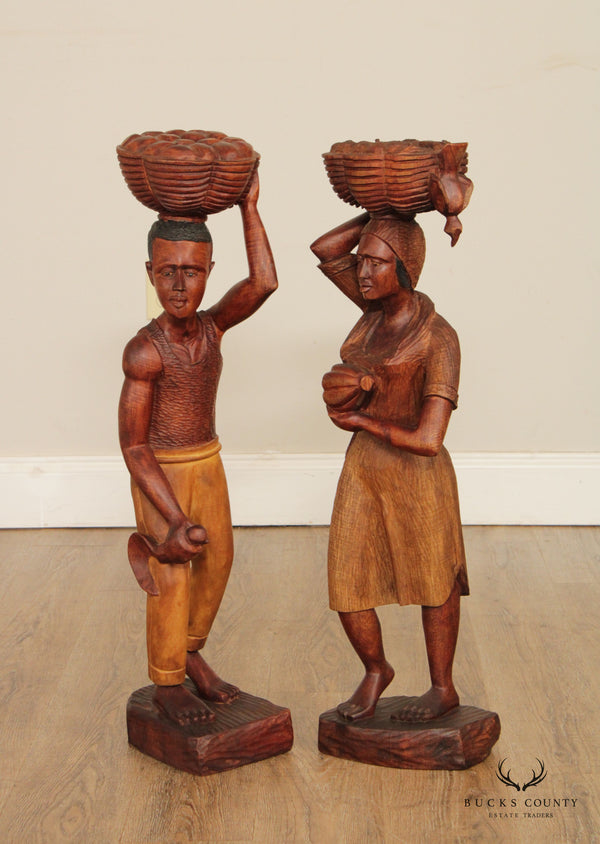 Vintage Pair Haitian Carved Wood Figural Statues, Signed