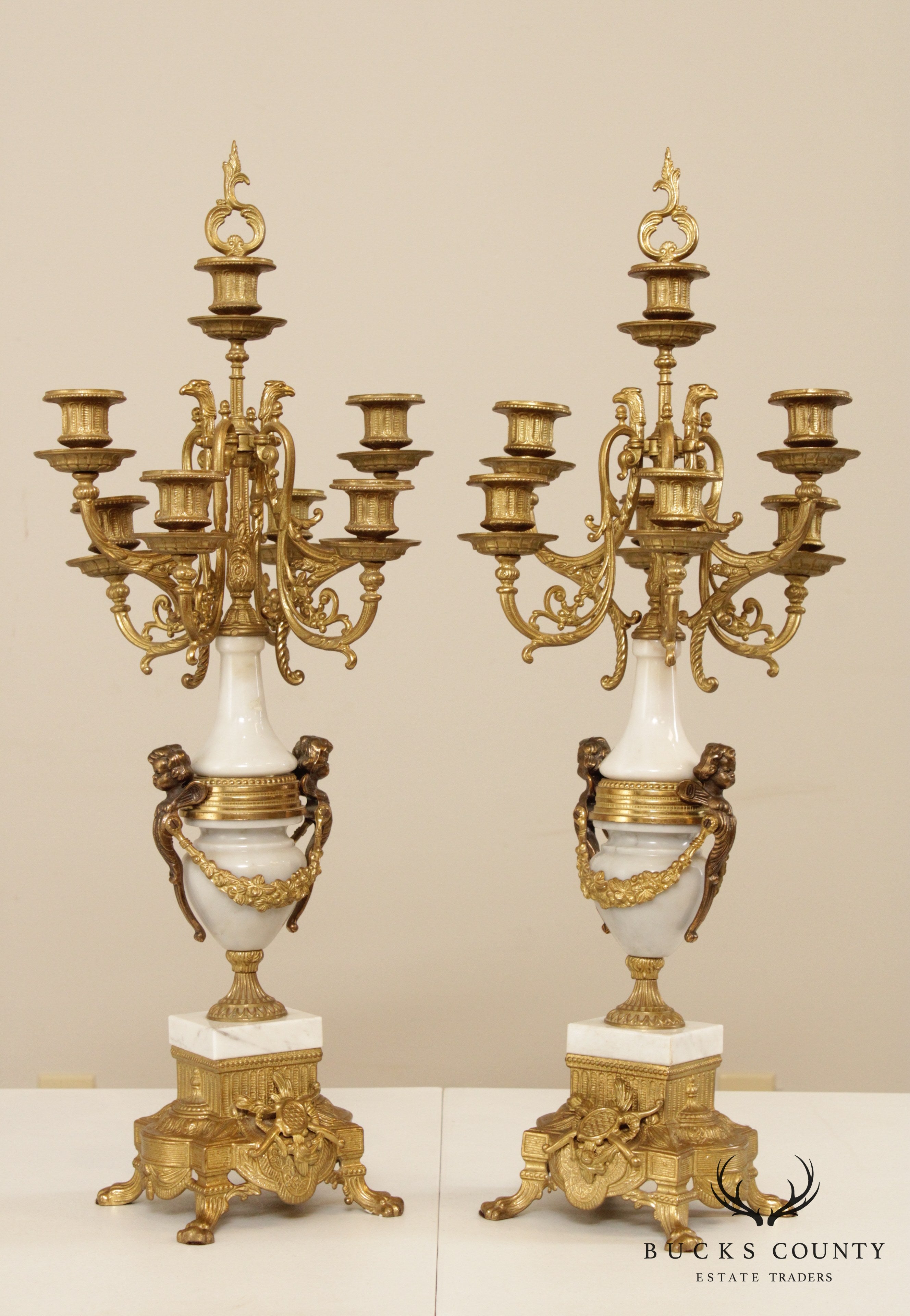 Quality Italian Gilt Bronze & Marble Pair Candelabra