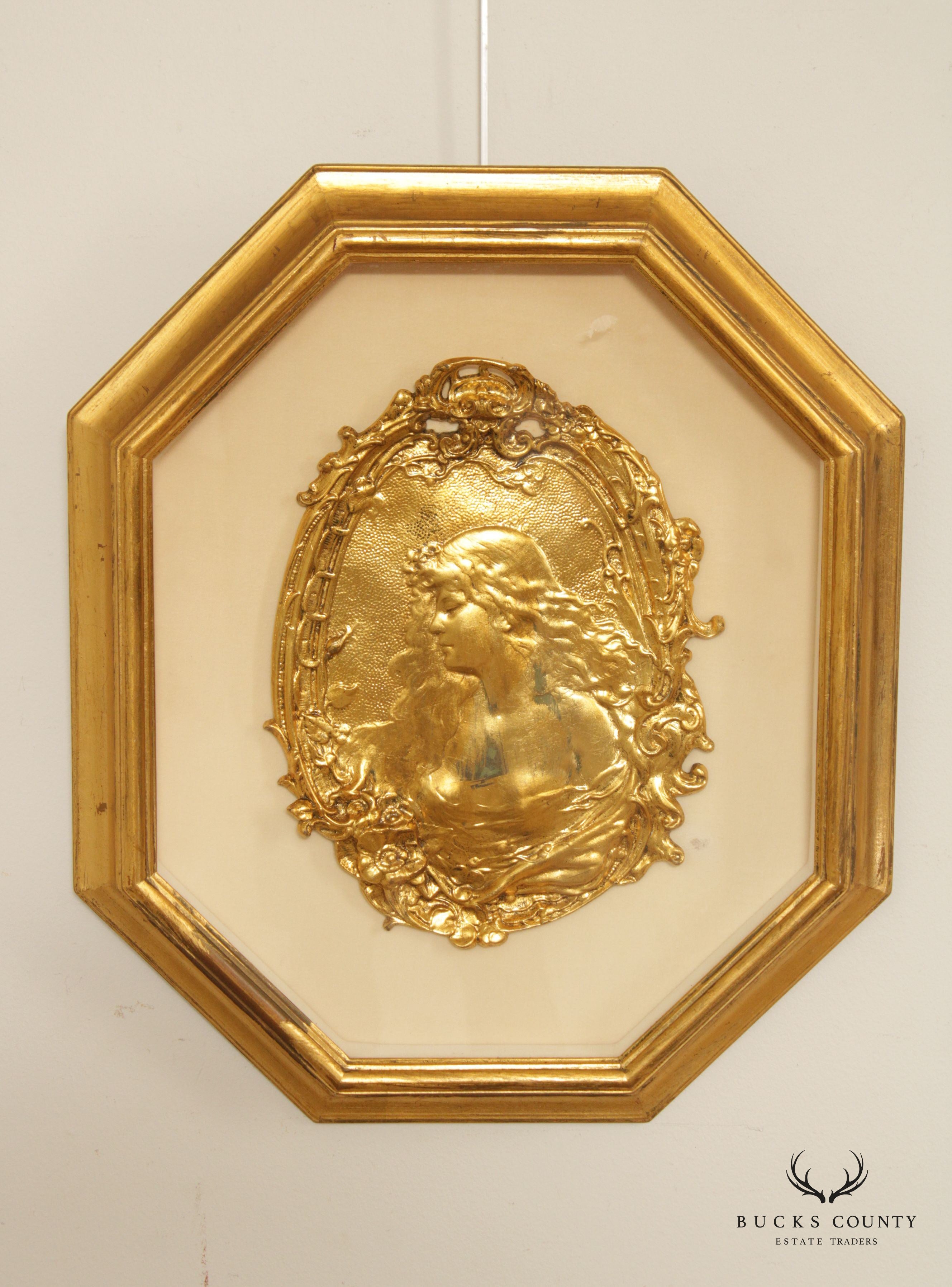 Art Nouveau Style Figural Gilt Cast Plaque, Custom Framed