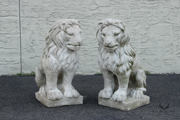 Vintage Pair Cast Stone Garden Lion Statues