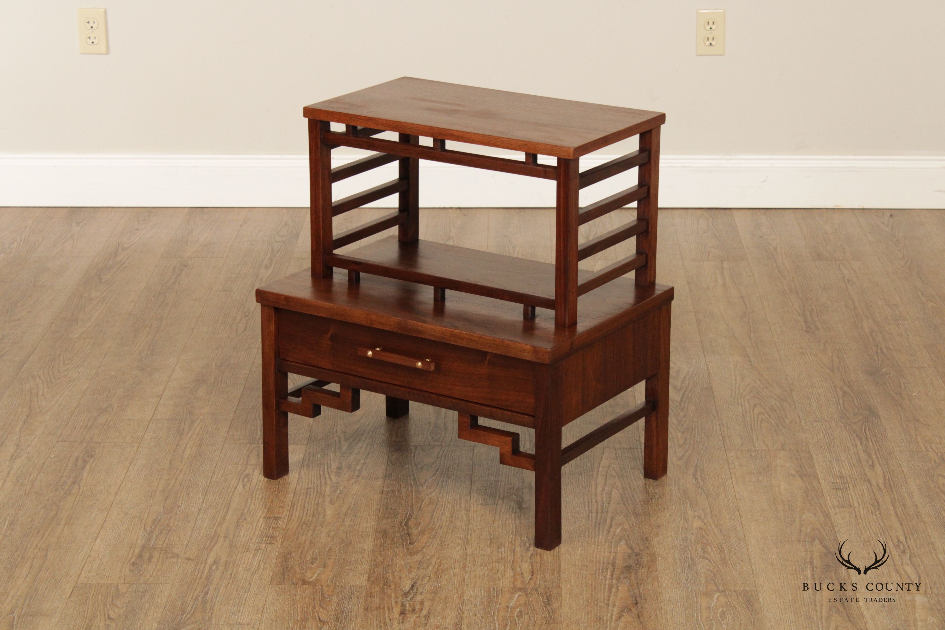 Mid Century Modern Vintage Walnut Asian Inspired Pair of Nightstands